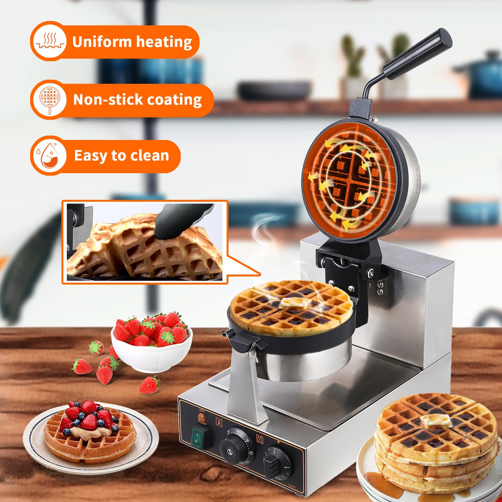 Commercial Electric Waffle Cone Maker - Stainless Steel Nonstick Mold with Efficient Heating, 110V 2400W Single Head Rotating Design for Restaurants, Bakeries & Snack Bars - Perfect for Making Crispy Ice Cream Cones & Desserts