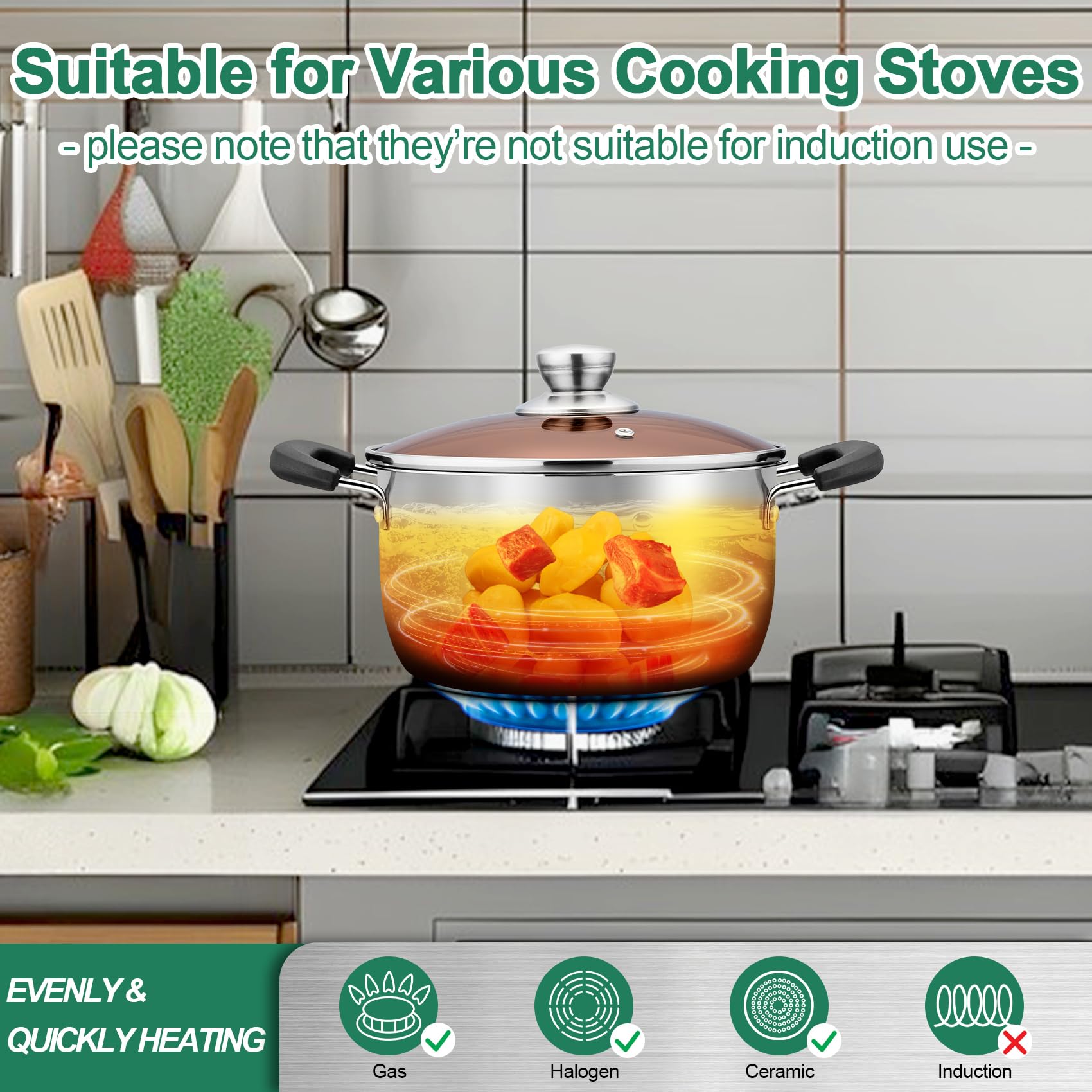 **TeamFar 6 Quart Stainless Steel Stock Pot with Lid – Pasta & Soup Cooking Pot, Double Bakelite Heat-Resistant Handles, Tempered Glass Lid – Dishwasher Safe, Non-Toxic, Easy Clean – Perfect for Home Cooking, Meal Prep & Large Gatherings**