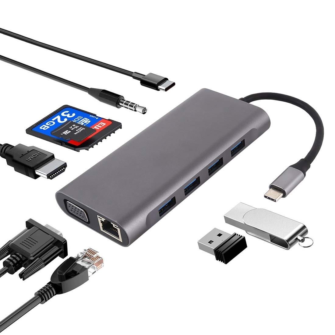 11-in-1 USB C Hub with VGA, HDMI, LAN Port, 4 USB 3.0 Ports, SD/TF Card Reader & Audio Jack - Type C Adapter for MacBook Pro/Air, iPad Pro, Dell XPS & More (Dark Gray/Silver) - Perfect for Home Office, Remote Work & Travel