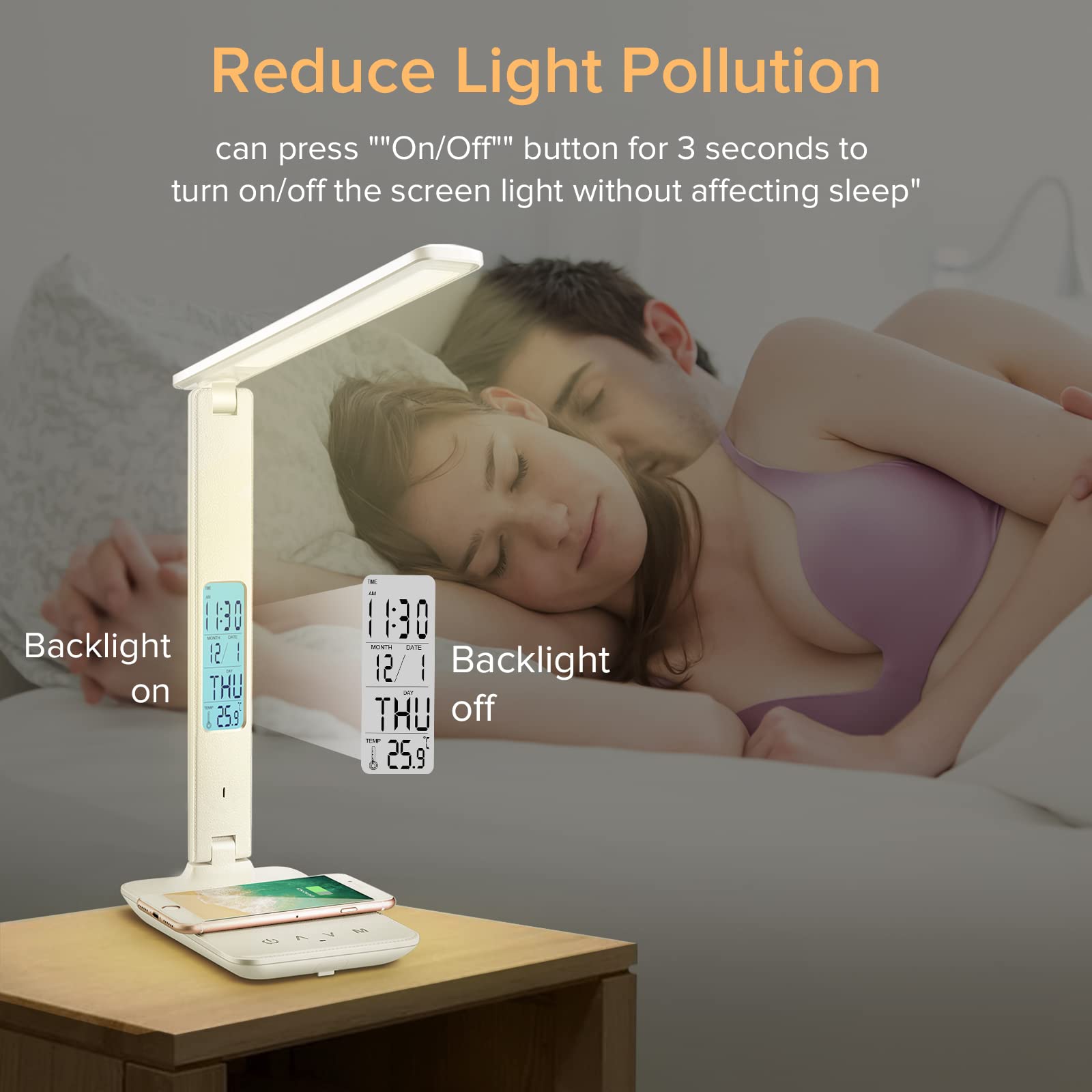 LAOPAO Wireless Charging Desk Lamp with USB Port & Digital Clock - Adjustable LED Table Lamp for Home Office, Study, College Dorm Room - Perfect for Night Reading, Working & Phone Charging