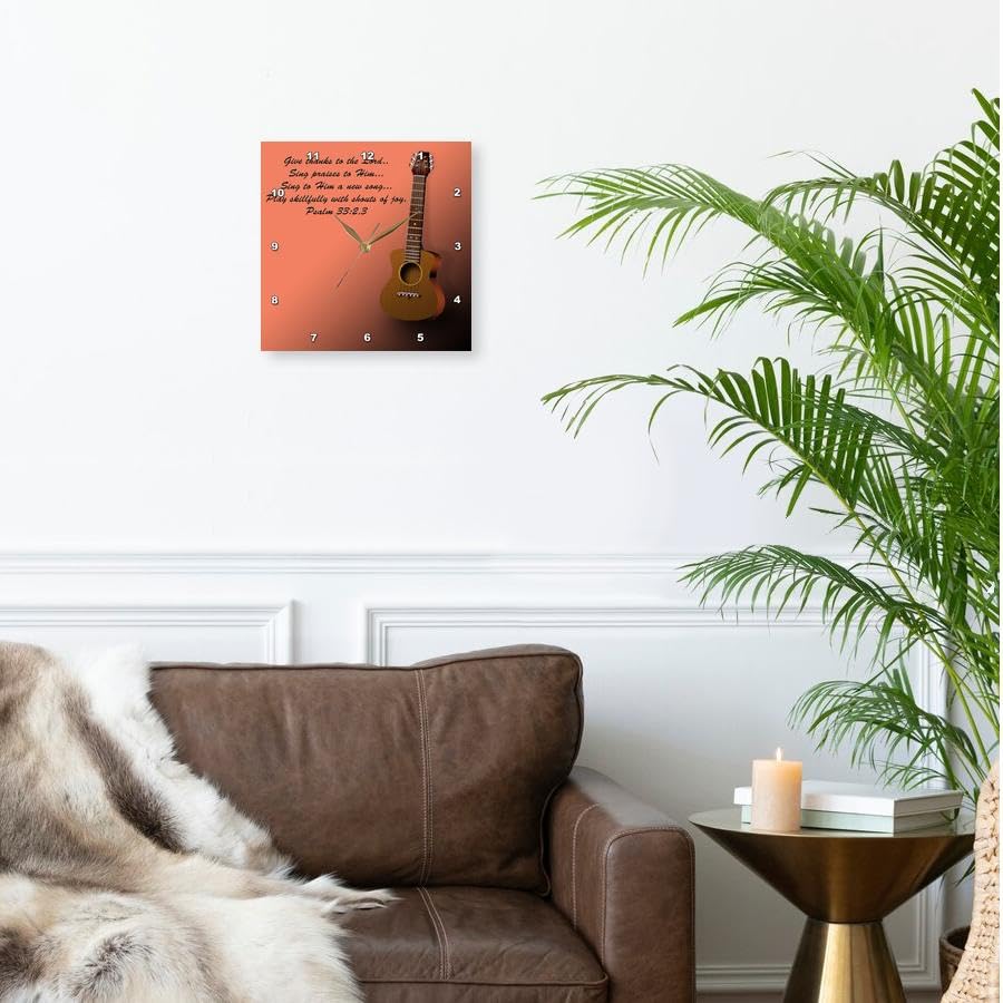 15 Inch Silent Wall Clock with Classic Guitar & Bible Verse Design - 'Sing to The Lord a New Song' - Perfect for Home, Office & Church Decor