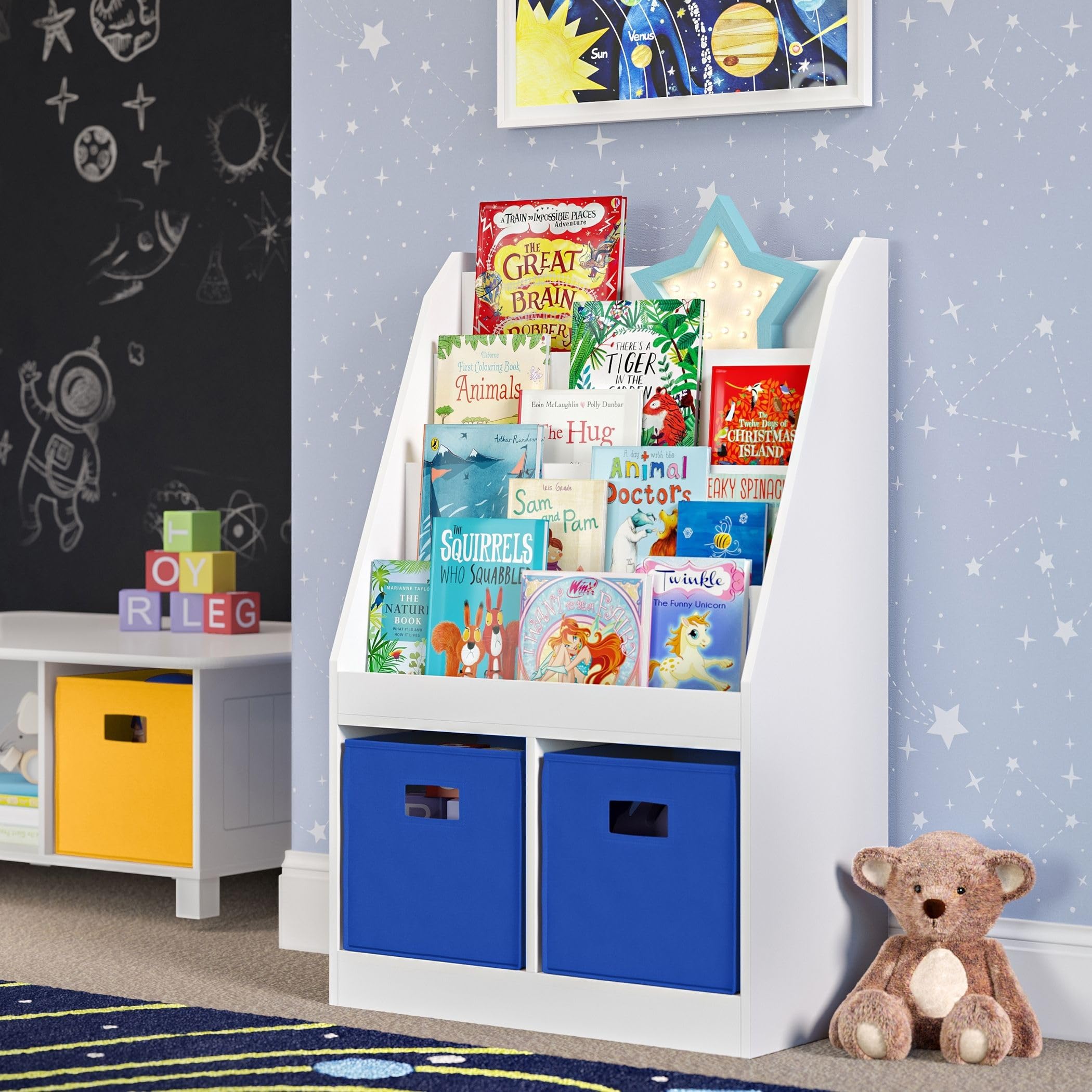 RiverRidge Kids Bookshelf and Toy Storage Organizer with 4 Book Racks, 2 Cubbies & 2 Blue Bins - Space-Saving Book Nook & Toy Organizer for Bedroom, Playroom or Nursery - Perfect for Storytime & Playroom Organization