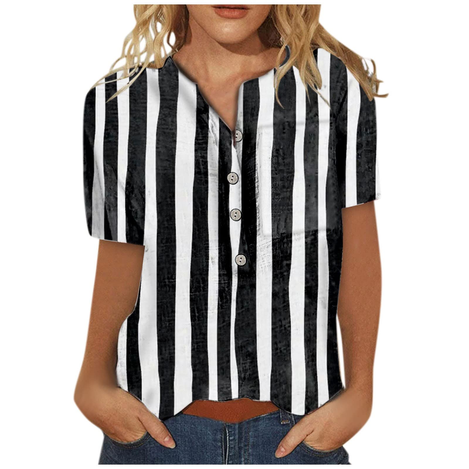 Women's Summer Tops - Striped Print Button Down V-Neck Short Sleeve Loose Fit Trendy Blouses | Casual Outfits for Beach, Office & Daily Wear
