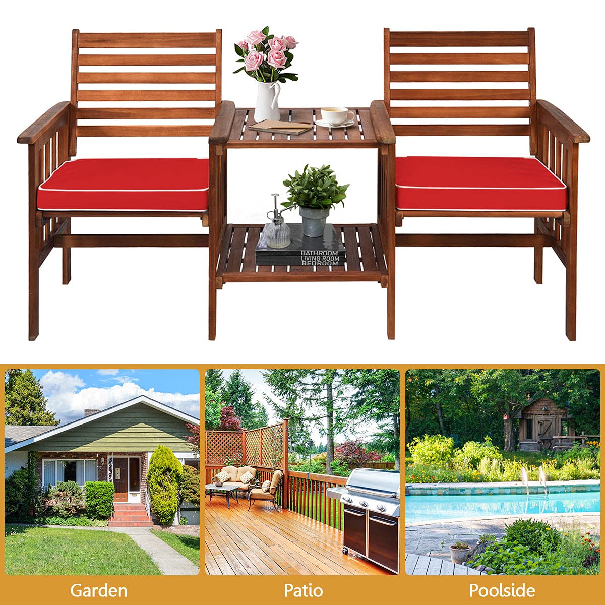 Acacia Wood Loveseat with Table - 2-Piece Outdoor Patio Bistro Set with Cushions & 2.1
