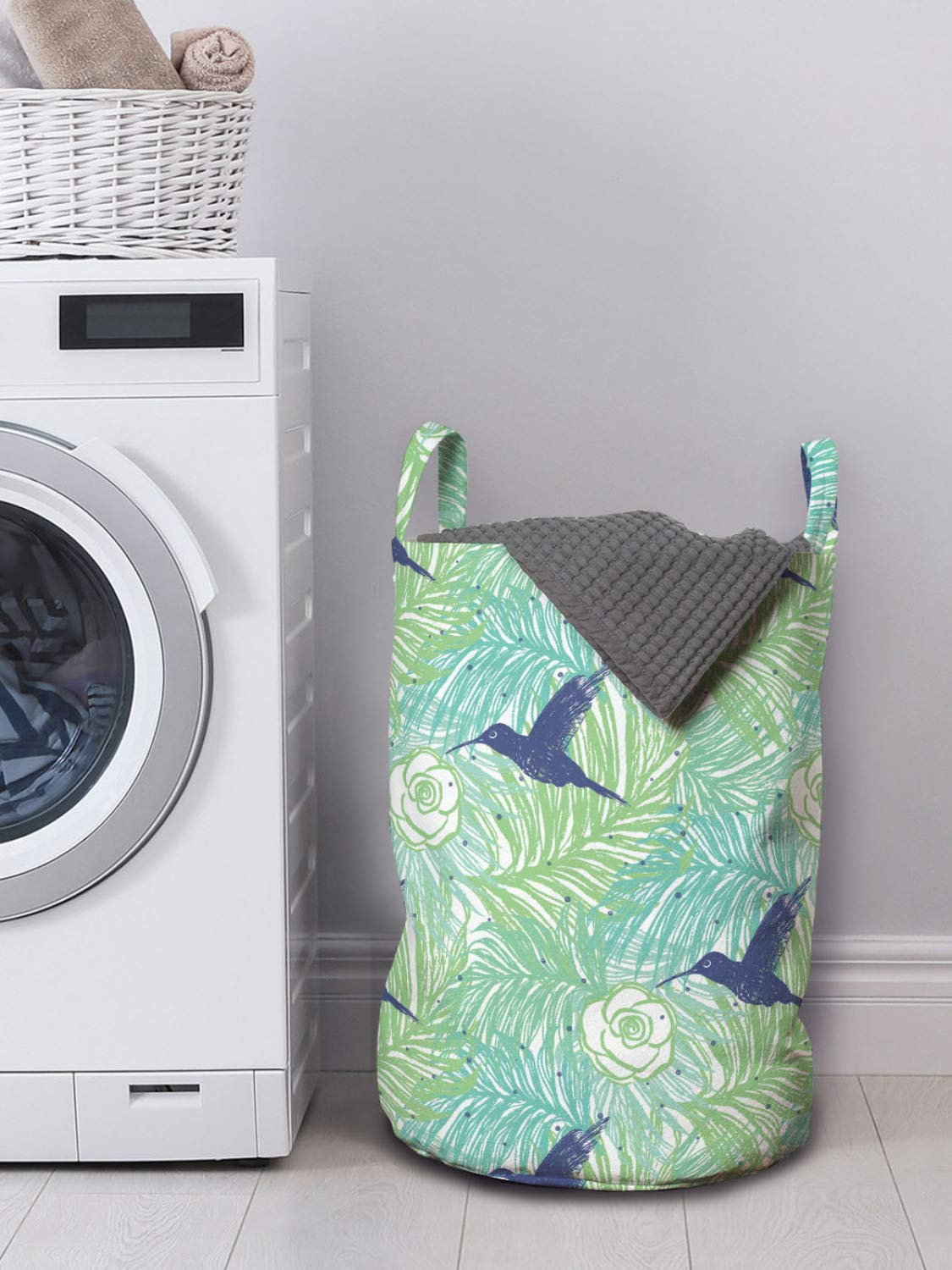 Ambesonne Exotic Laundry Bag with Handles - Colorful Palm Leaves, Flowers & Bird Silhouettes Design - 13