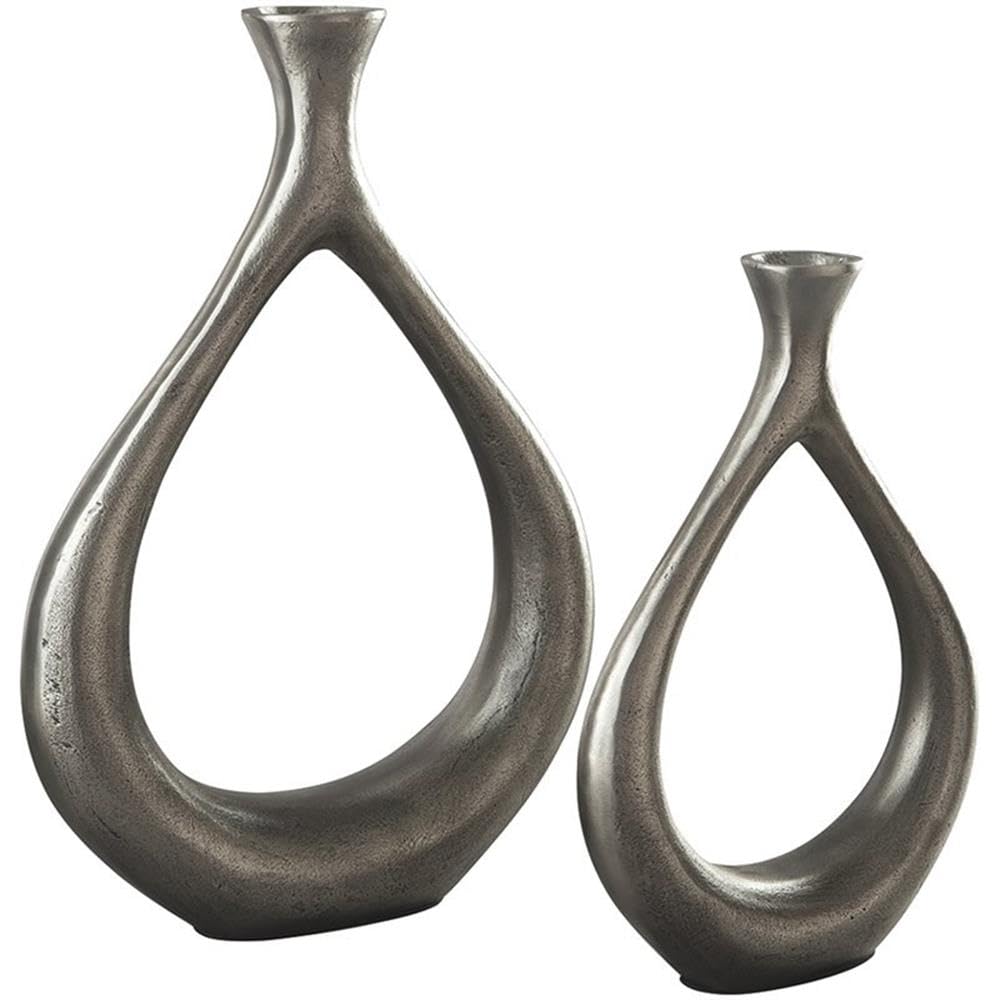 Bowery Hill 2 Piece Metal Vase Set in Antique Silver - Elegant Home Decor for Living Room, Dining Table & Wedding Centerpieces