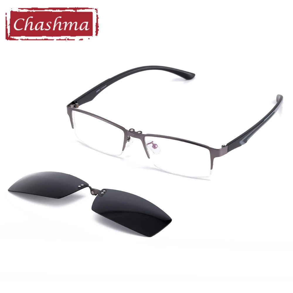 Men's Semi-Rim Square Alloy Eyeglasses with Clip-On Sunglasses 9324 - Stylish Prescription Glasses for Work, Driving & Outdoor Activities
