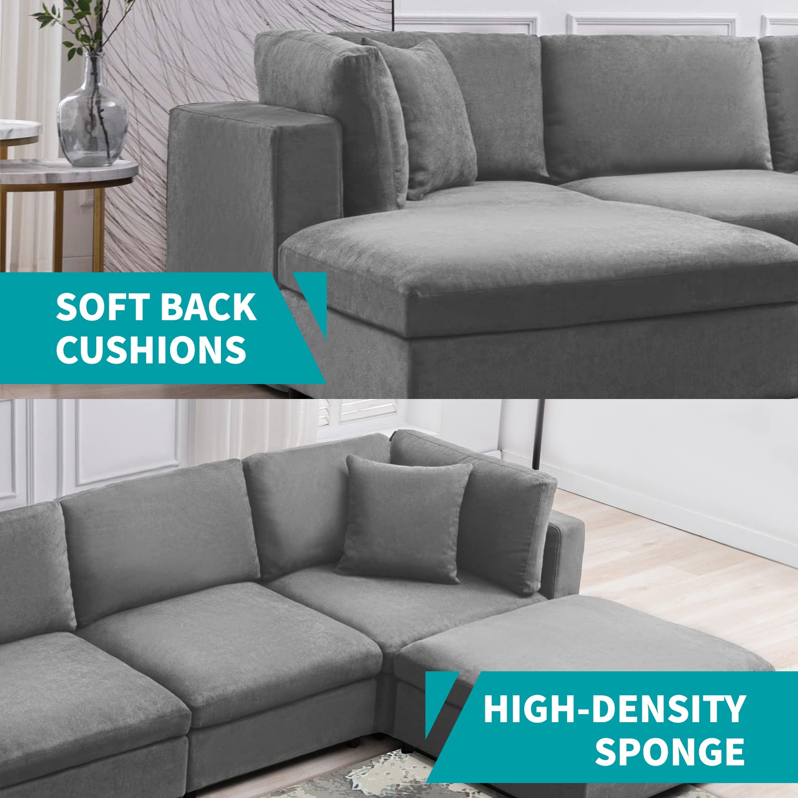BALUS Modern Convertible 4-Seat Sectional Sofa with Wood Legs - Corner Sleeper Sofa Couch, Modular Living Room Furniture in Light Grey - Perfect for Small Spaces, Apartments & Home Theater Seating