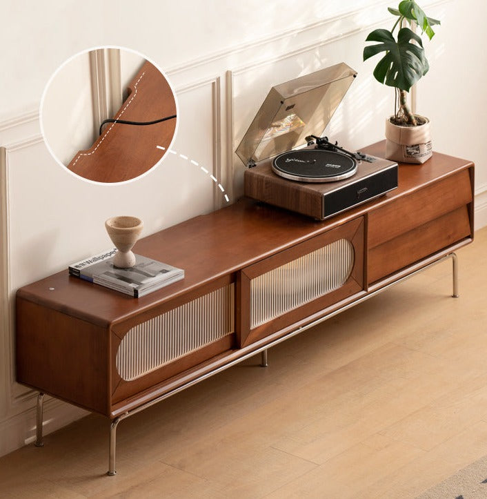 Solid Oak & Poplar Wood French Style TV Stand with Sliding Doors - Perfect for Living Room, Bedroom & Home Theater Storage