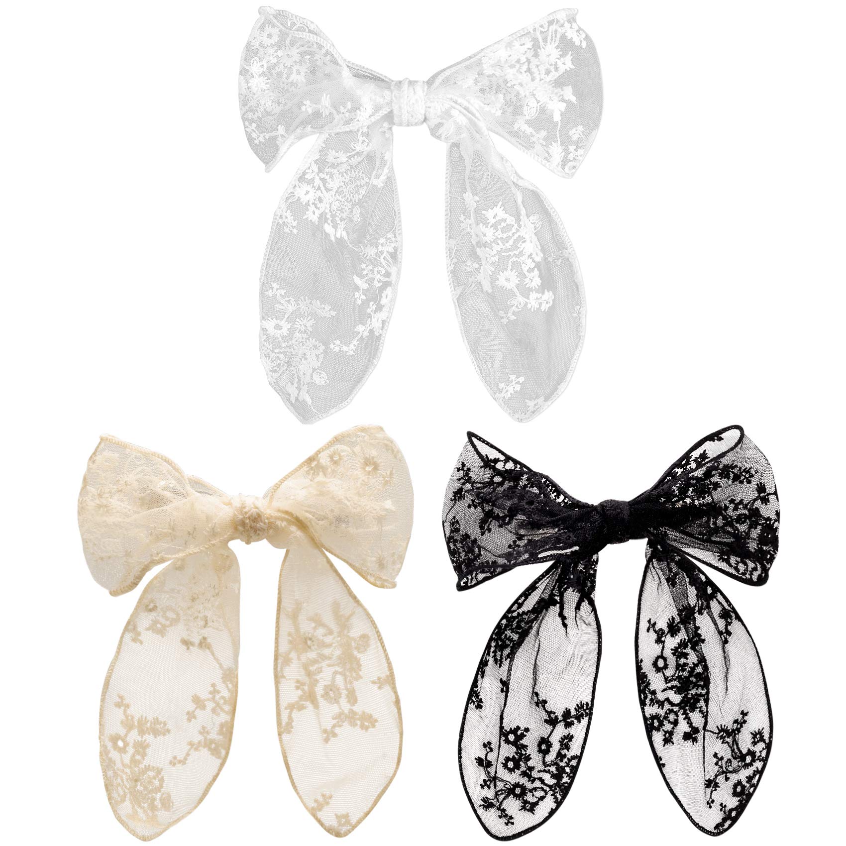 PAGOW 3PCS Lace Bow Hair Clips - Korean Style Floral Hair Barrettes for Women & Girls | Handmade Hair Accessories in White, Black, Beige | Perfect for Weddings, Parties & Daily Styling