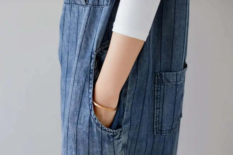 Women's Dark Blue Striped Denim Sleeveless Cropped Jumpsuit - Casual Summer Outfit, Beach Cover-Up, Streetwear Fashion