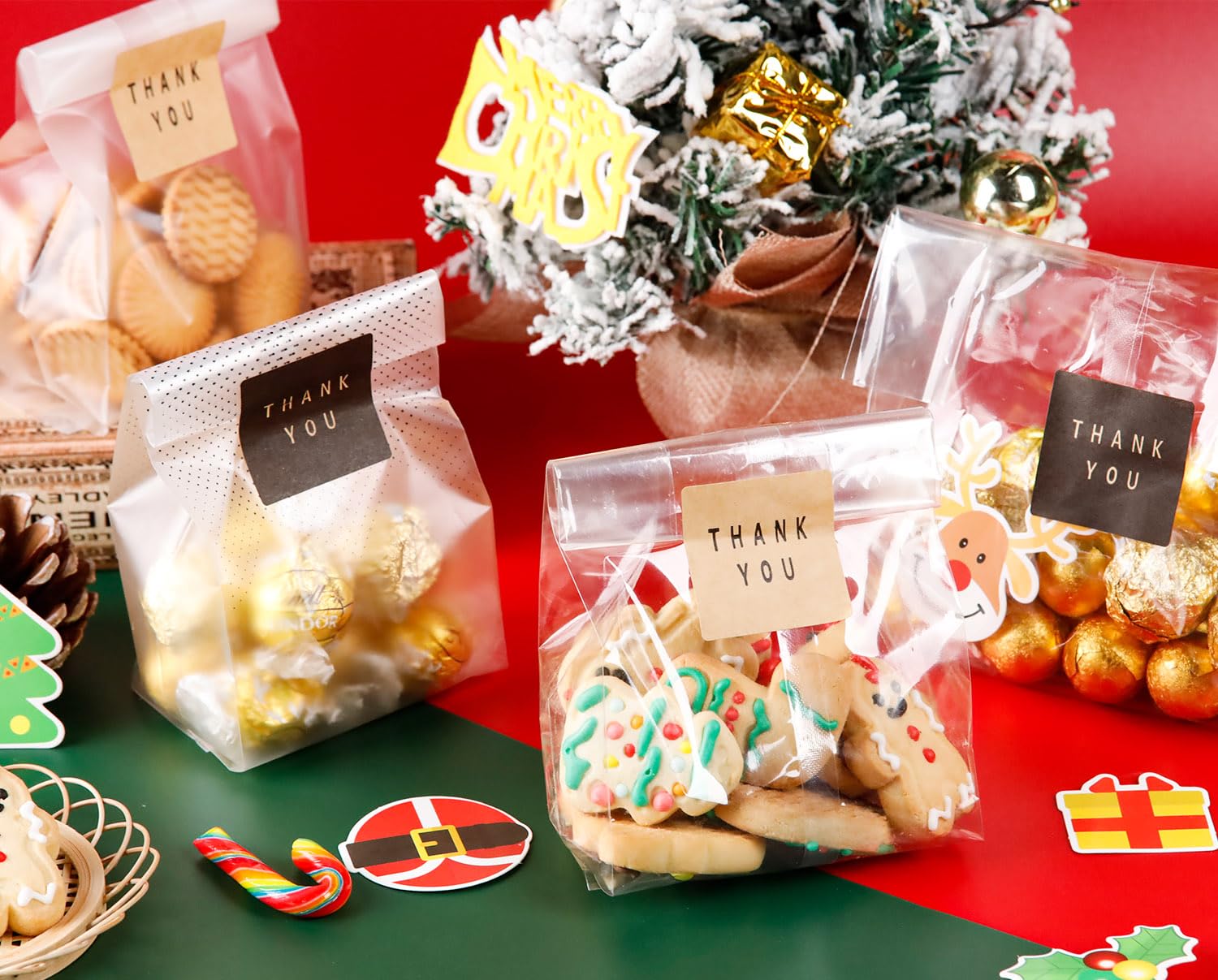 Clear Cellophane Treat Bags for Cookies, Candy & Chocolates - 9x3.2 Inch Black Dot Gift Packaging Bags with Stickers | Perfect for Birthday Parties, Baby Showers & Holiday Gifting