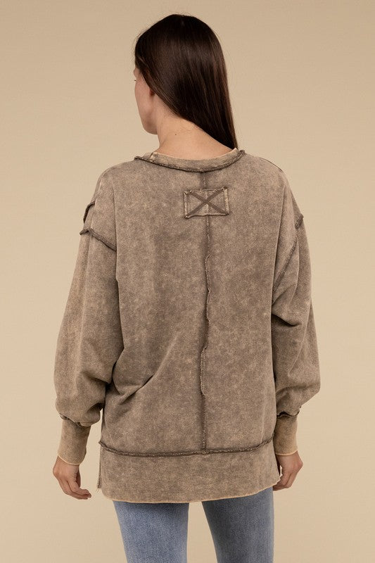 Acid Wash French Terry Exposed Seam Sweatshirt | Vintage Distressed Pullover | Casual Streetwear for Men & Women | Perfect for Fall Layering and Urban Fashion