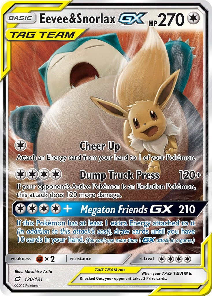 Eevee & Snorlax GX Pokemon Card SM9 120/181 - Rare Collectible for Trading Card Game Battles & Display