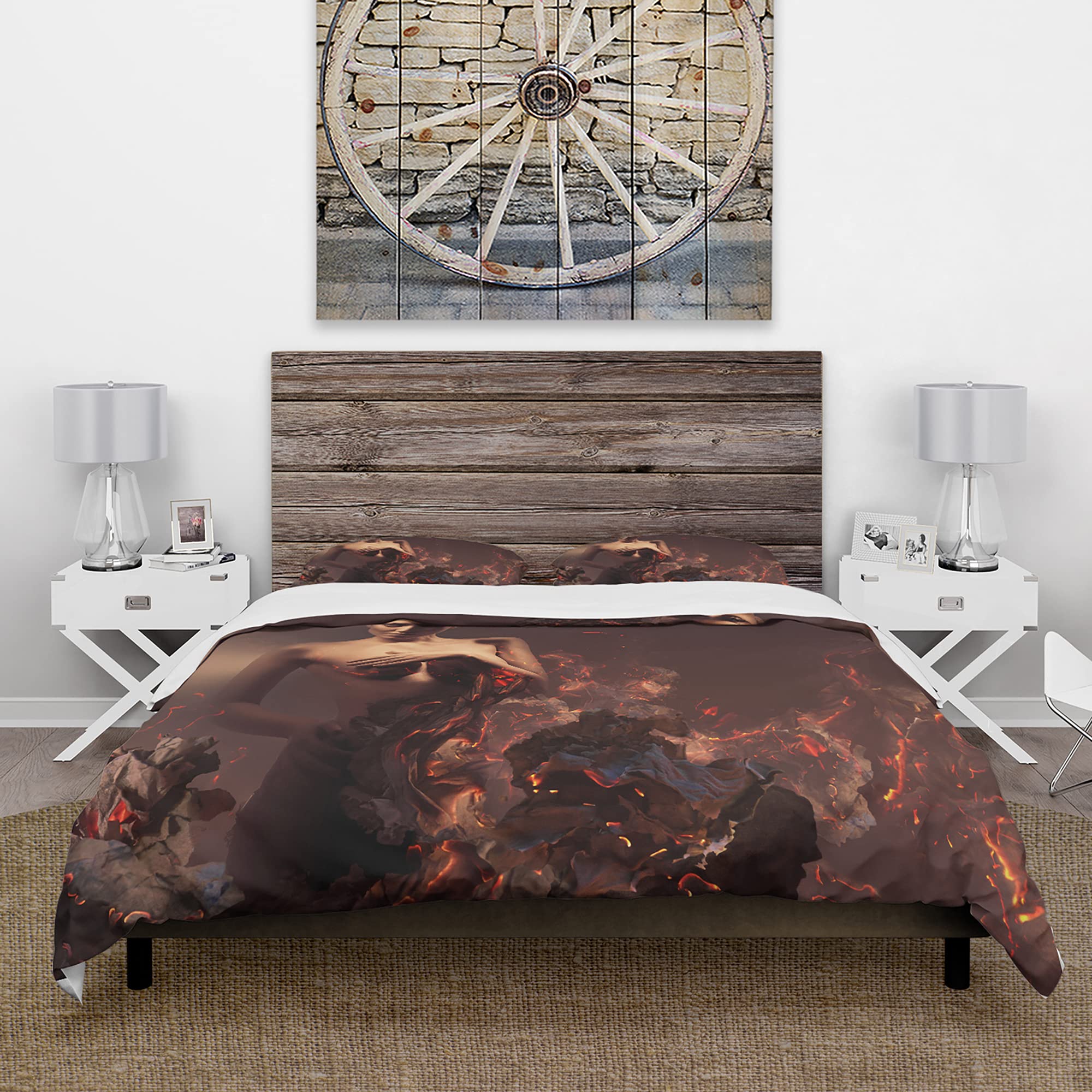 DesignQ Modern & Contemporary Brown Duvet Cover Set Queen - 3 Piece Romantic Bedding with Nude Woman in Burning Ashes Art - All Season Comfort for Master Bedroom & Guest Room