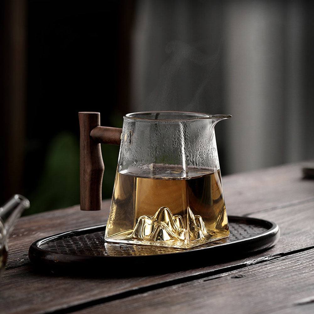 Premium Mountain Glass Fair Cup with Wooden Handle - Durable & Stylish Drinking Glass for Coffee, Tea, Cocktails - Perfect for Home, Office, Camping & Outdoor Use
