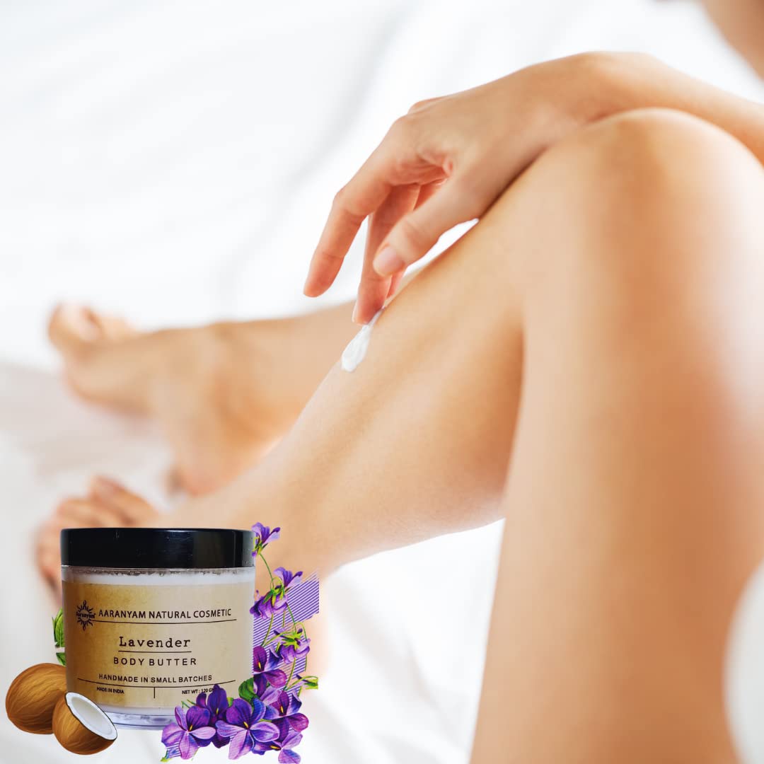 Aaranyam Lavender Body Butter Moisturizing Cream for Dry Skin - Enriched with Shea Butter & Raw Cocoa Butter - Hydrating Winter Body Cream for Women & Men - 120g - Perfect for Daily Skincare & Dry Skin Relief
