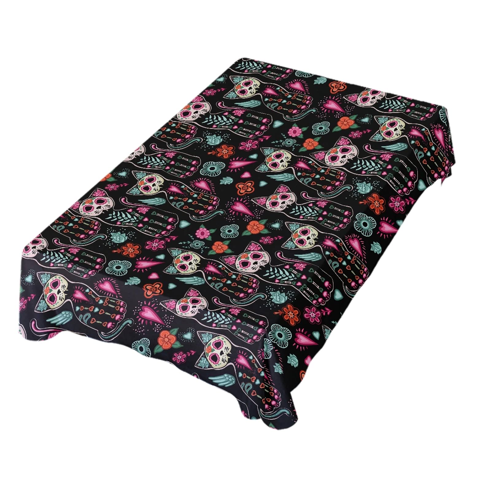 54 Inch Square Polyester Tablecloth with Traditional Cat Skeleton and Floral Design - Elegant Party Table Decoration for Dinner, Halloween, and Home Decor