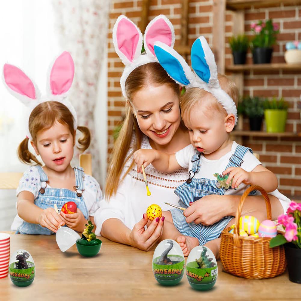 Dinosaur Pull Back Cars Toys - 4 Pcs Jumbo T-Rex & Triceratops Prefilled Easter Eggs for Kids | Basket Stuffers, Party Favors, Birthday Gifts for Boys & Girls | Perfect for Easter Celebrations, Classroom Rewards & Playtime Fun