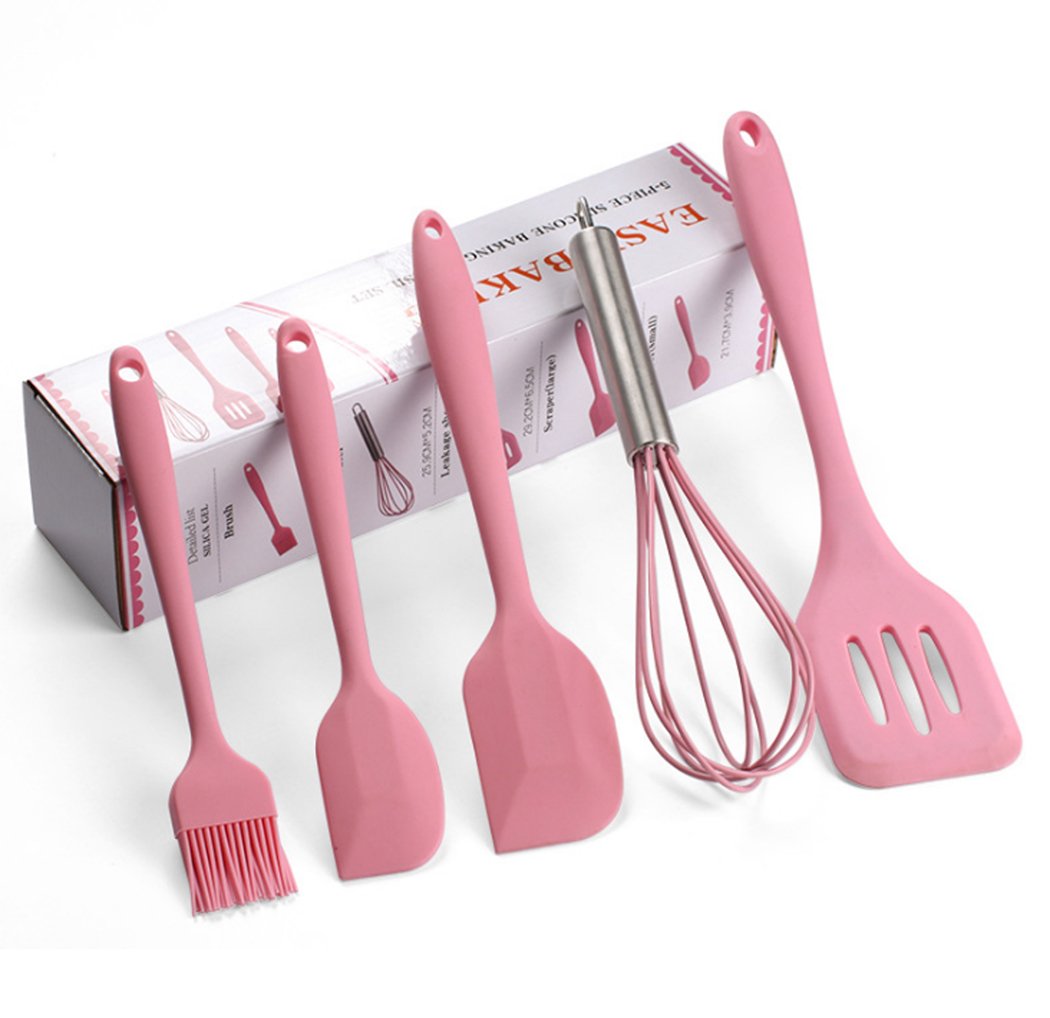 5-Piece Silicone Kitchen Utensil Set - Non-Slip Spatula, Brush & Cooking Tools - Heat Resistant, Dishwasher Safe - Perfect for Baking, Cooking & Meal Prep (Pink)
