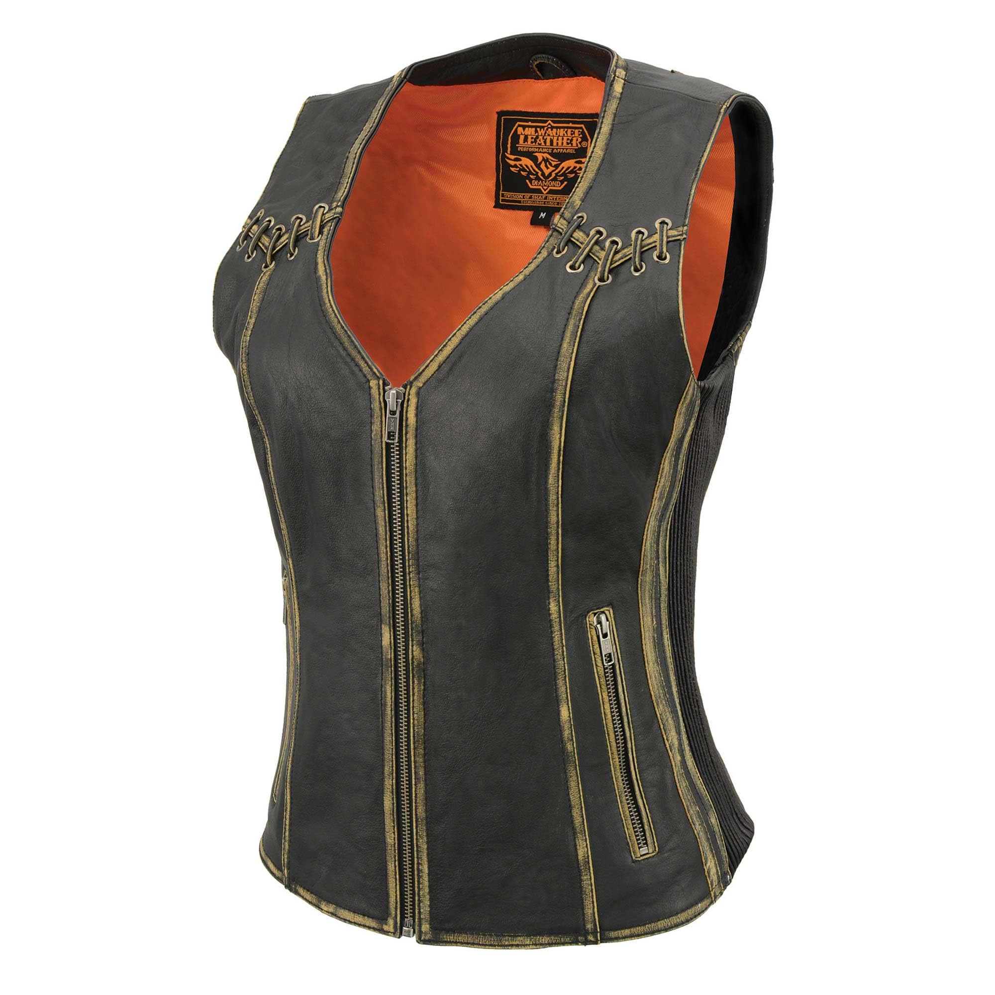 Milwaukee Leather MLL4527 Women's Distressed Brown Motorcycle Vest with Stretch Side Panels & Lacing Detail - Size 2XL - Perfect for Riding & Biker Fashion