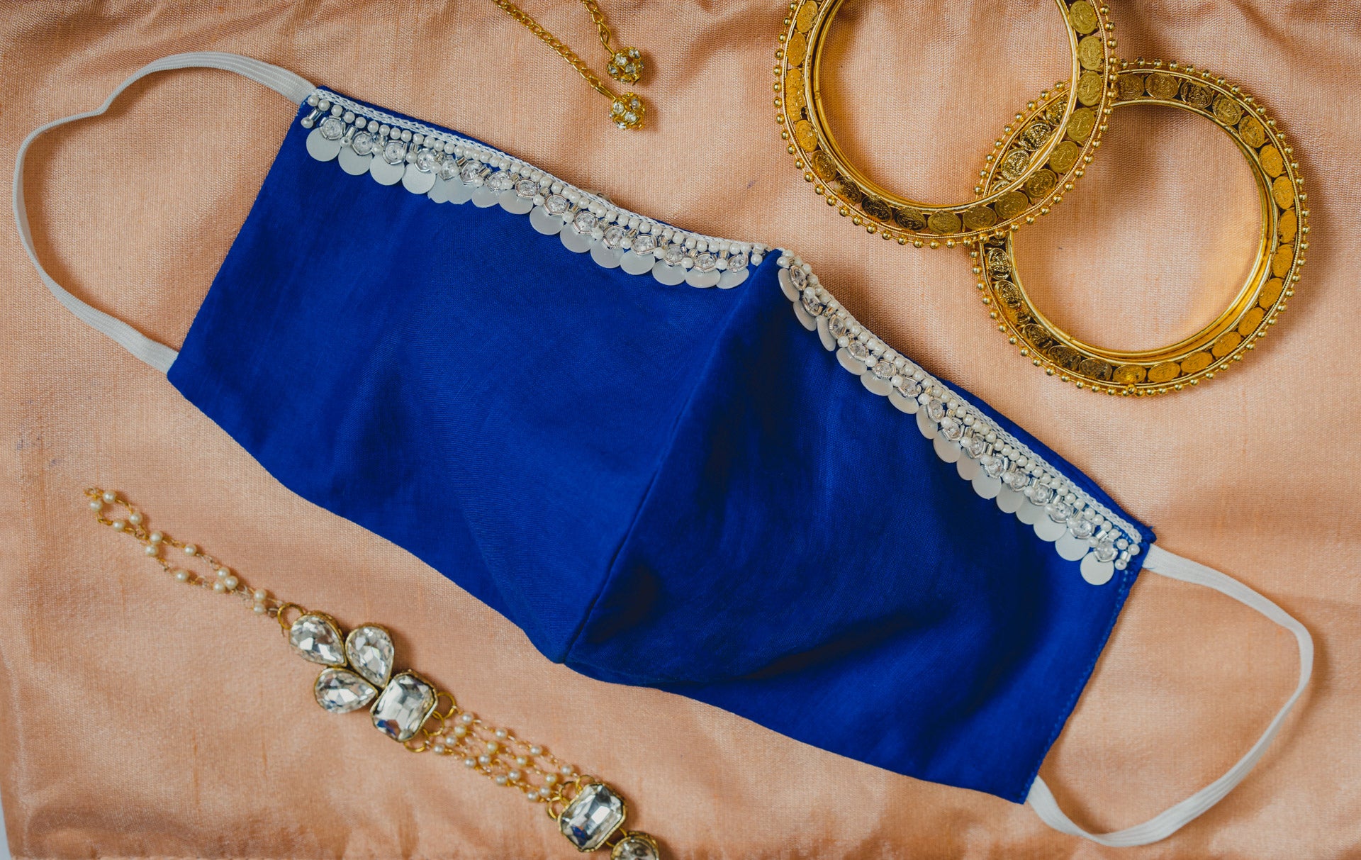 Royal Blue Cotton Face Mask with Hanging Tassel Embroidery - Breathable & Stylish for Everyday Wear, Parties, and Festivals