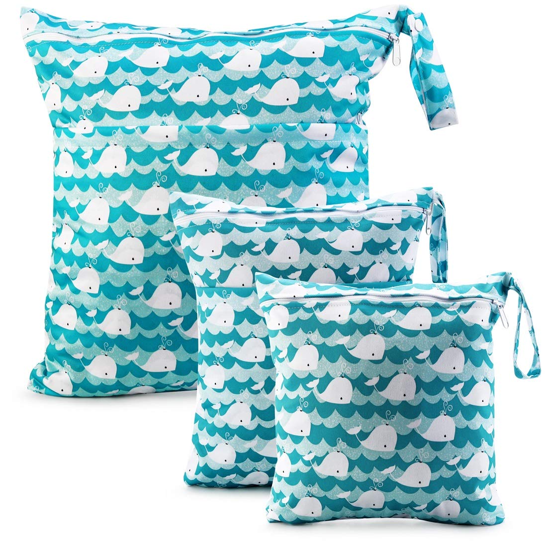 CeeKii 3 Pack Waterproof Reusable Wet Dry Bags - Cloth Diaper Organizer with 2 Pockets for Travel, Beach, Pool, Gym | Perfect for Stroller, Swimsuits, Toiletries & Dirty Clothes Storage