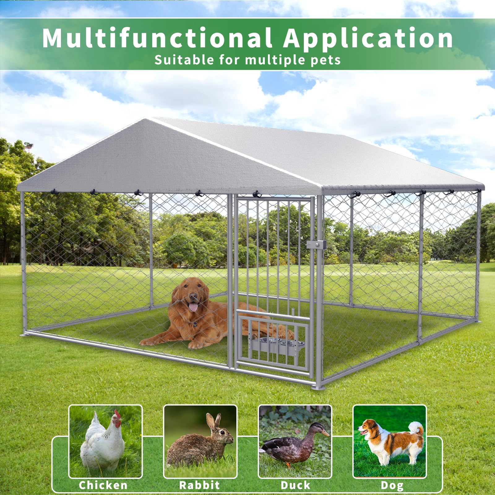 Rovibek 10'×10' Heavy Duty Outdoor Dog Kennel with Roof - Waterproof & Sun-Proof Cover, Includes 2 Stainless Steel Bowls - Perfect for Backyard, Patio, or Camping Use