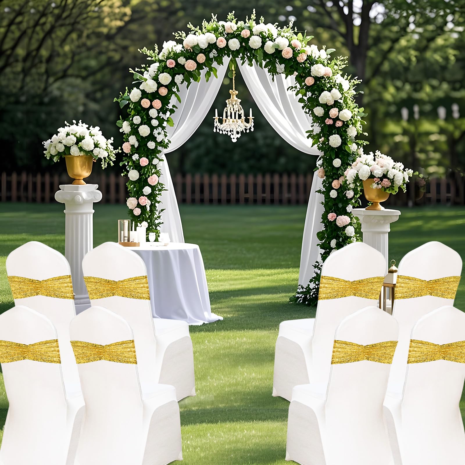 50 Gold Sequin Chair Sashes - Elegant Wedding Chair Covers, Banquet Decor & Party Table Runners for Bridal Showers, Anniversary Celebrations and Special Events