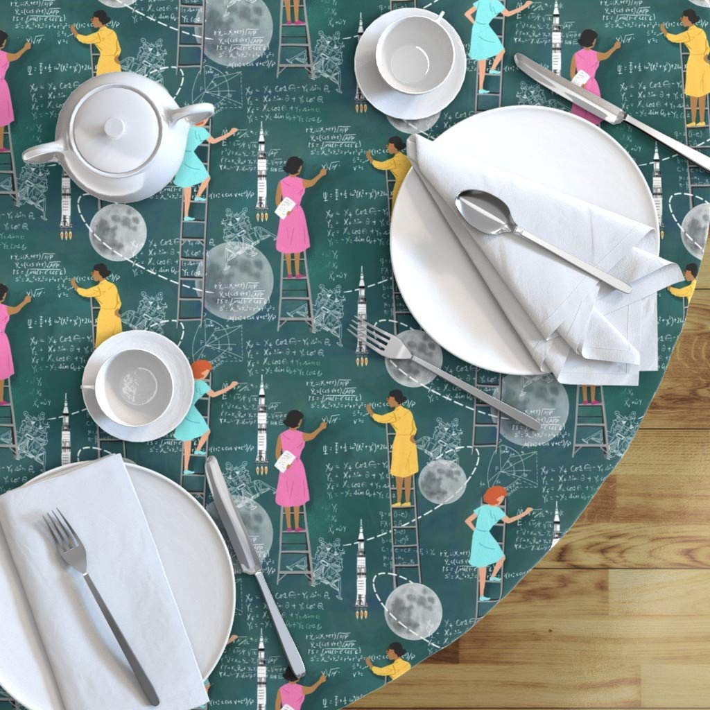 Custom Moon Mathematics Science 1960s STEM Women Computer Teacher Print Cotton Sateen Tablecloth - 70 Inch Round Table Linens for Dining Room, Kitchen Decor & Vintage Themed Parties