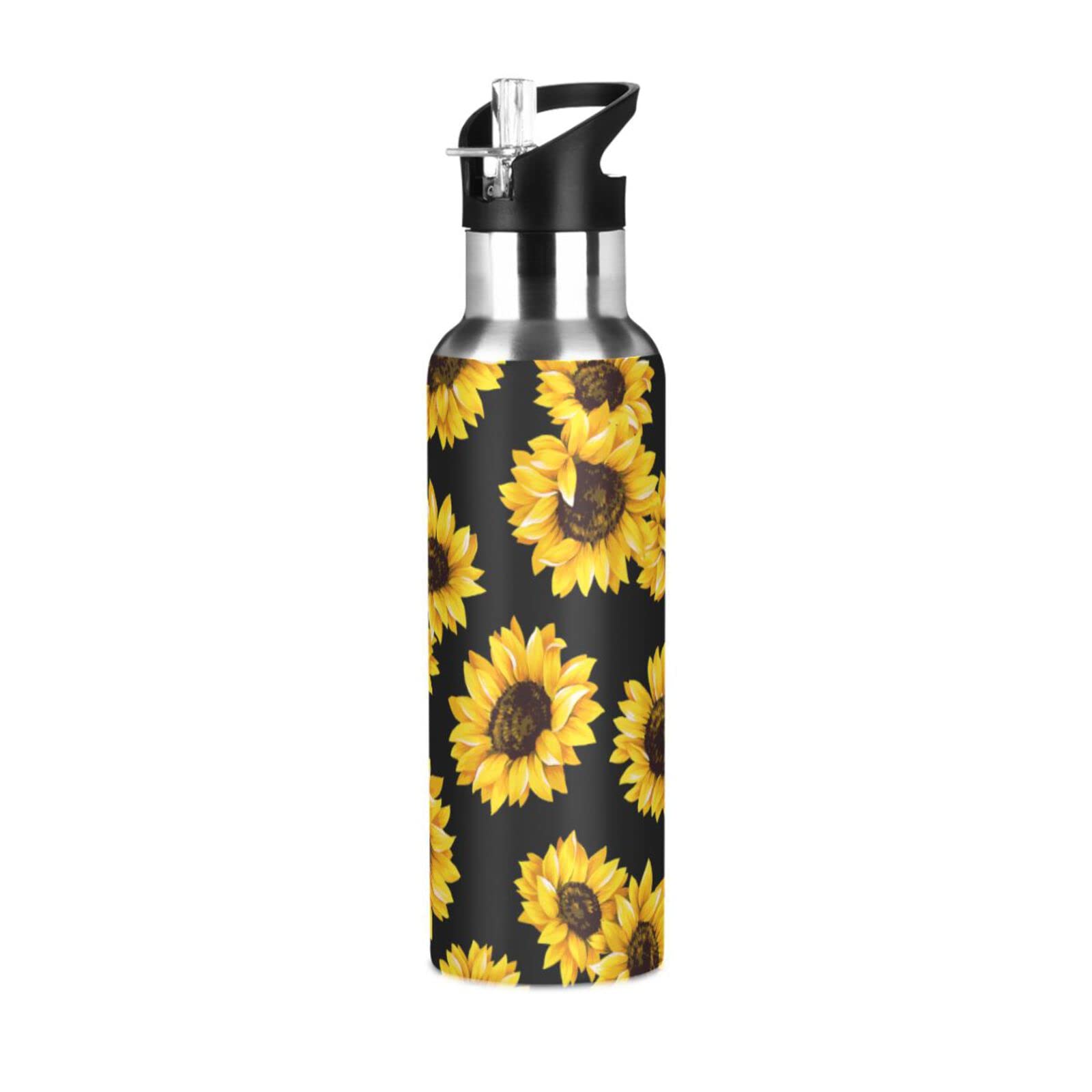 Kigai Insulated Stainless Steel Water Bottle 20oz - Sunflower Design, Leakproof Wide Mouth with Straw Lid - Perfect for Gym, Hiking & Outdoor Activities | BPA Free Sports Water Bottle for Fitness Enthusiasts