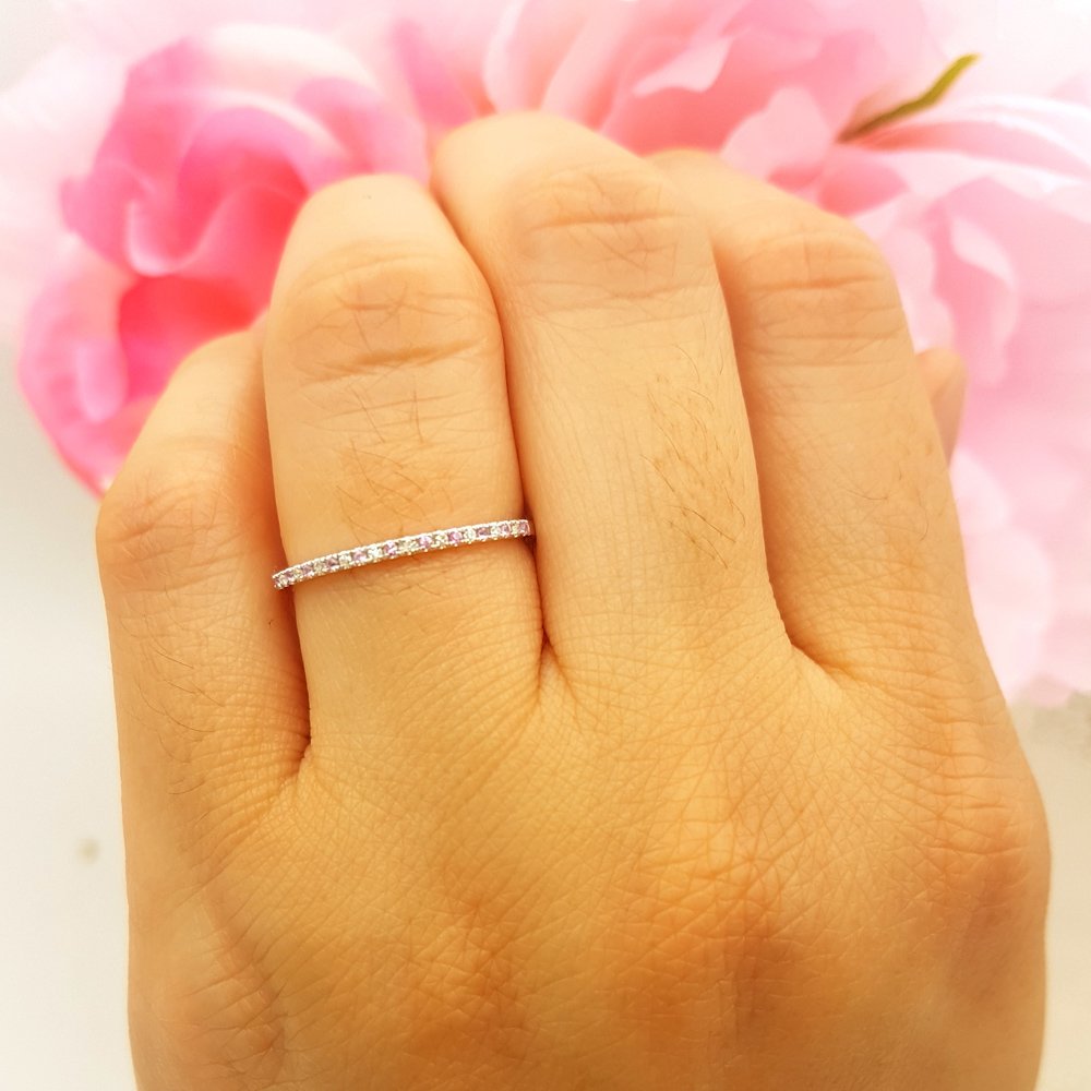 10K Solid White Gold Round Pink Sapphire & White Diamond Stackable Ring for Women - Dainty Anniversary Wedding Band, Elegant Gift for Her - Perfect for Engagements, Anniversaries & Special Occasions