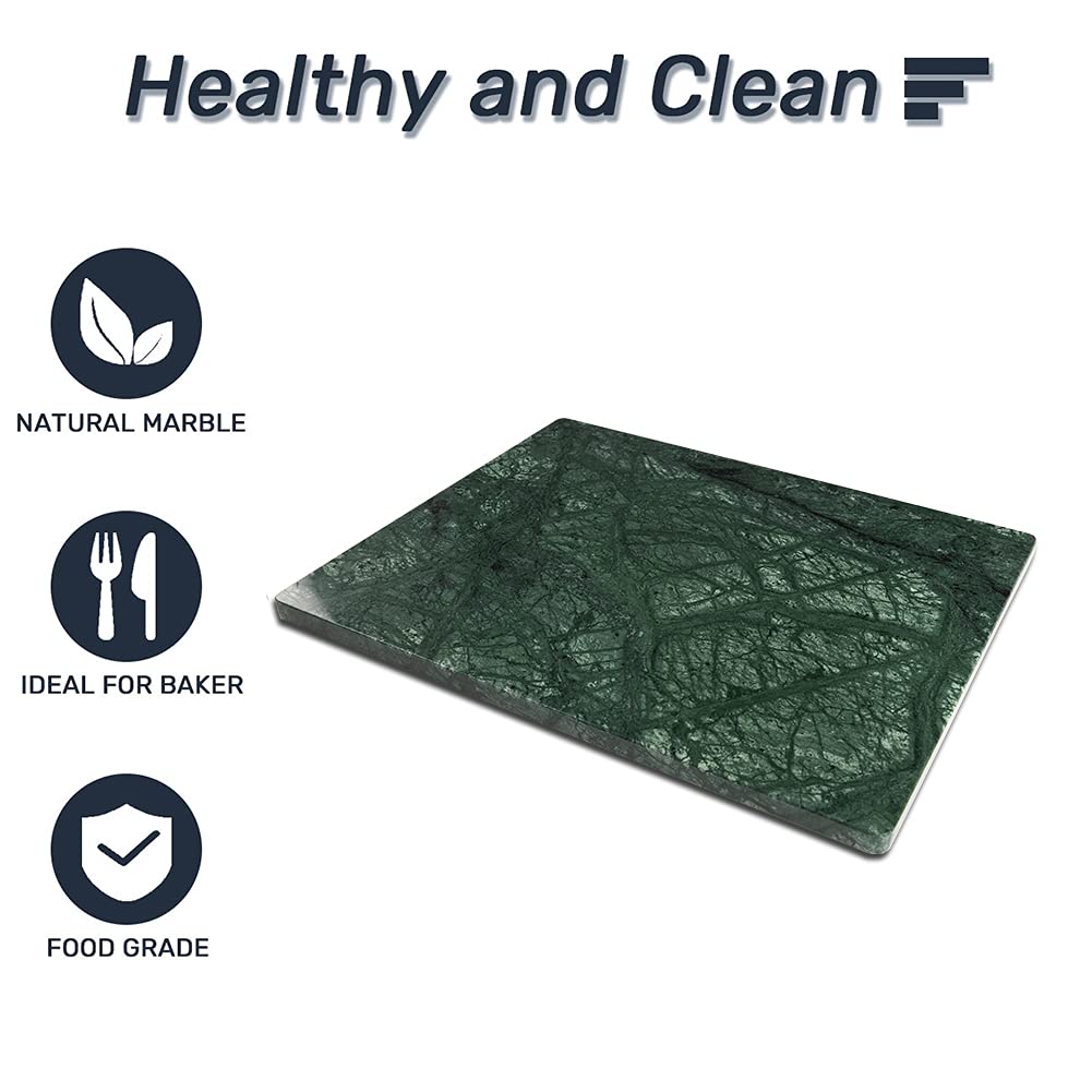 Premium Natural Green Marble Pastry Board - 16x12x0.5 Inch Handcrafted Cheese & Chocolate Tempering Slab with Non-Slip Feet - Perfect for Baking, Charcuterie & Kitchen Decor
