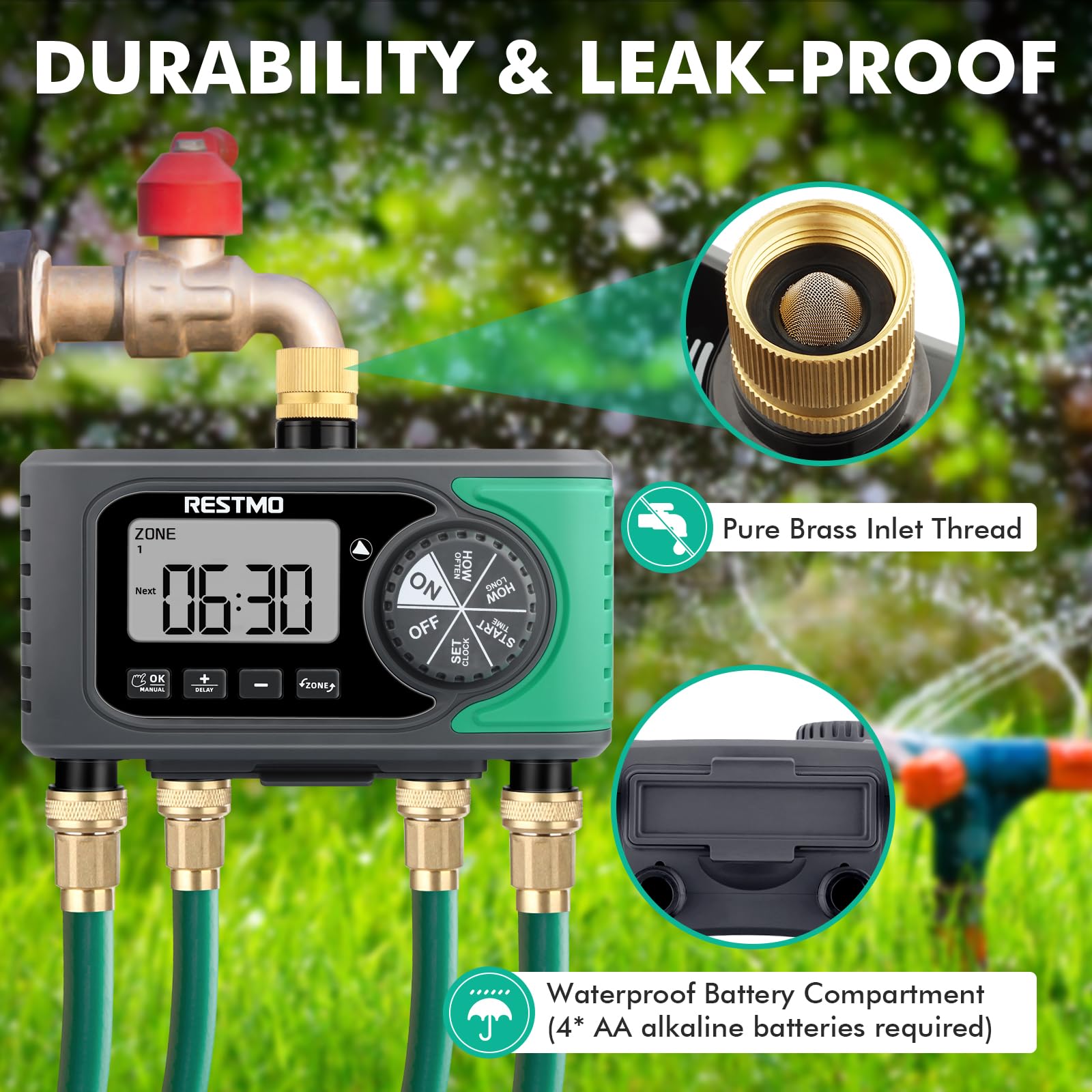 RESTMO 4-Outlet Sprinkler Timer with Brass Inlet - 4 Zone Programmable Water Timer for Garden Hose | Automatic Digital Control, Manual ON/Off & Rain Delay | Perfect for Outdoor Faucet, Drip Irrigation, Lawn & Garden Watering System