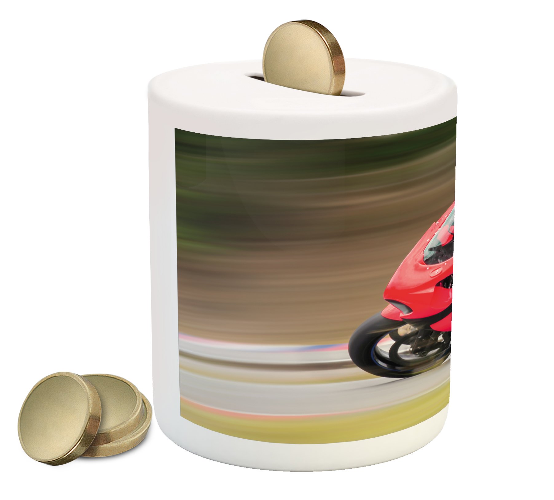 Ambesonne Ceramic Piggy Bank for Teens - Racing Motorcycle Athlete Design, Colorful Printed Coin Bank for Cash Saving | Perfect Gift for Teen Boys' Room Decor & Money Management