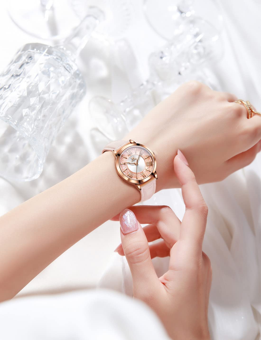 OLEVS Women's Elegant Diamond Dress Watch - Analog Quartz Leather Waterproof Wristwatch with Large Face - Perfect for Office, Party & Formal Occasions