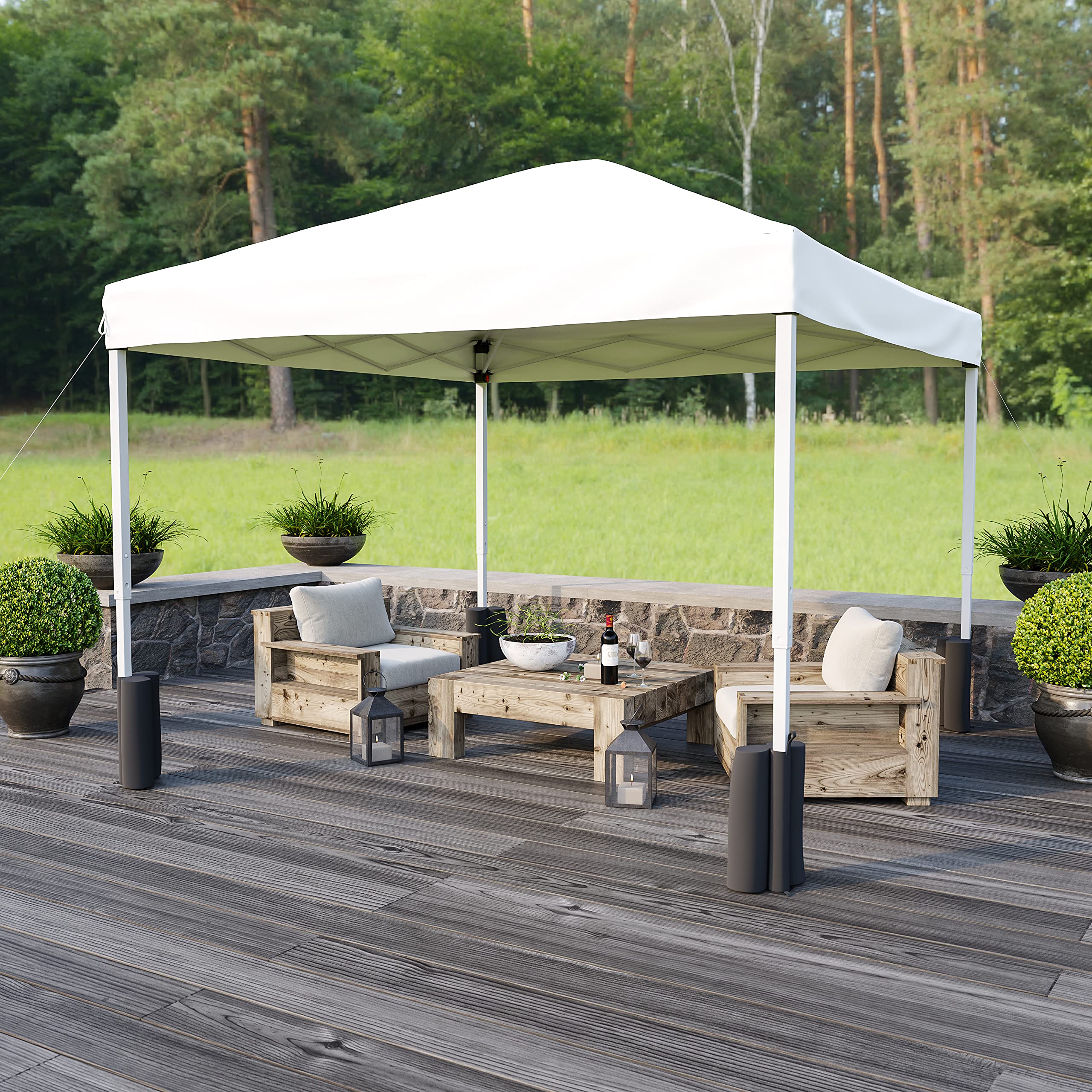 10'x10' White Pop Up Canopy Tent with Straight Legs, Sandbags & Wheeled Carry Case - Perfect for Outdoor Events, Farmers Markets, Beach Parties & Camping