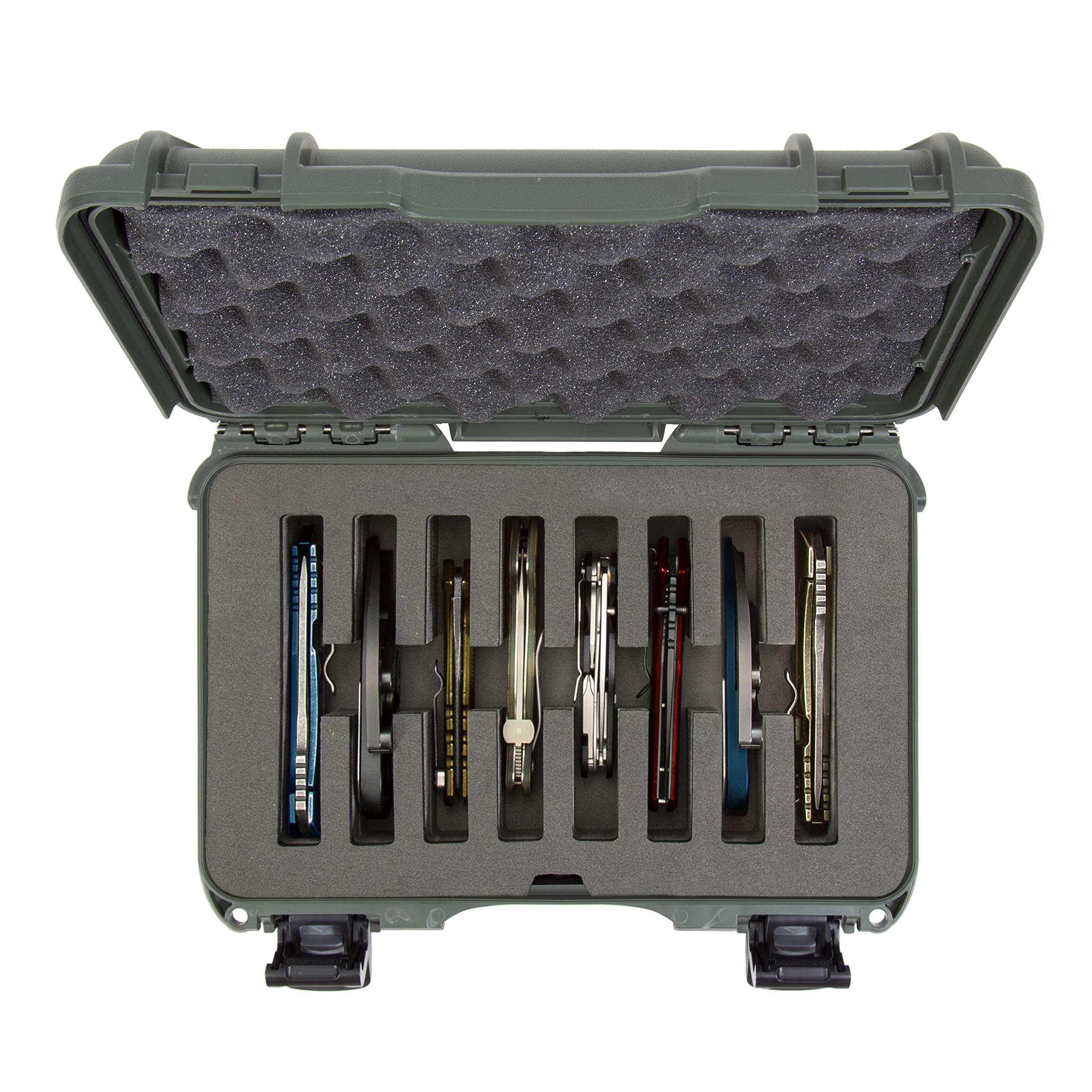Nanuk 909 Waterproof Hard Case with Custom Foam Insert for 8 Pocket Knives - Olive | Protective Storage for Camping, Hunting & Outdoor Gear
