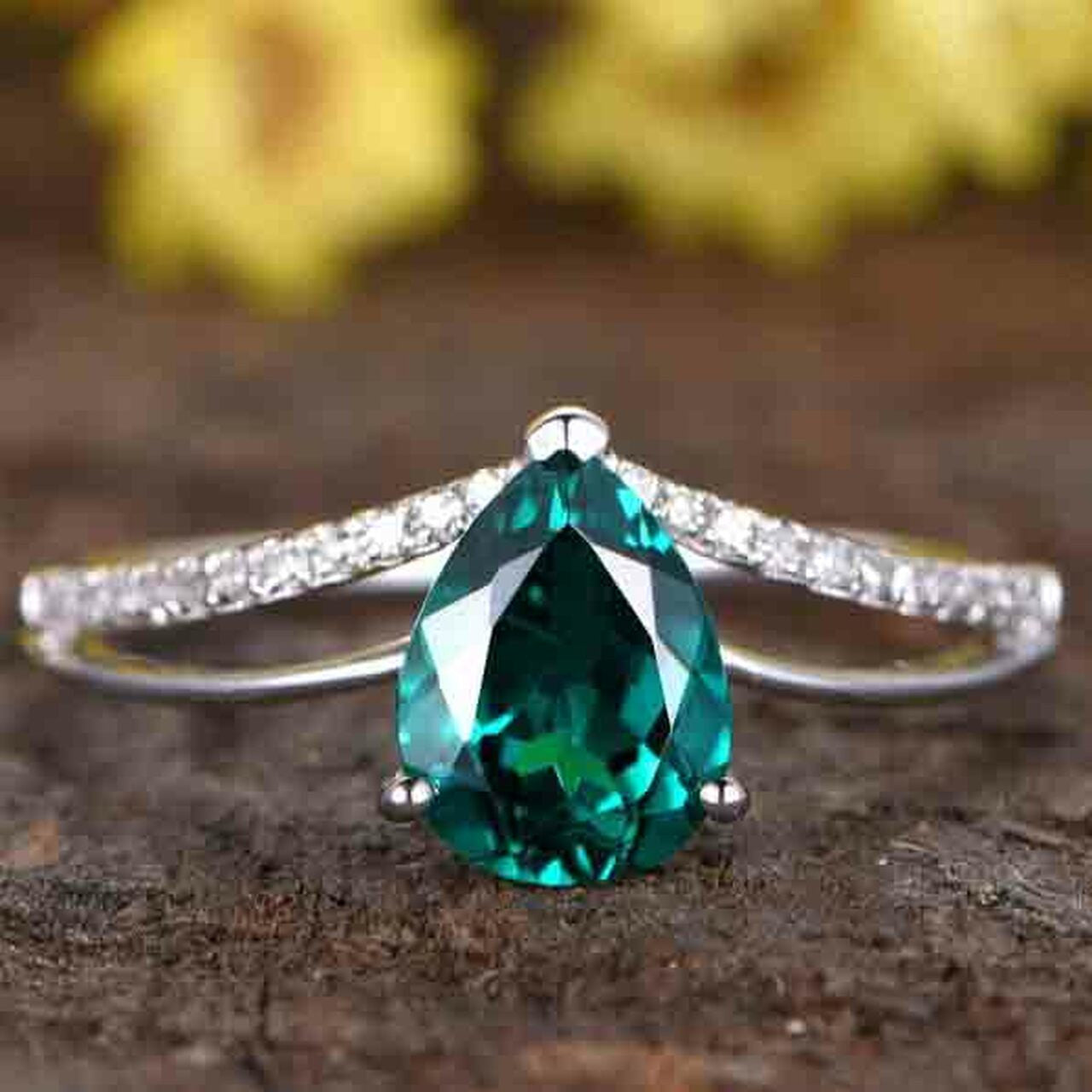 Pear Cut Emerald Engagement Ring 14K Yellow Gold Handmade Diamond Ring Split Shank Stacking Band - Gemstone Promise Ring for Anniversary, Wedding, Proposal & Special Occasions