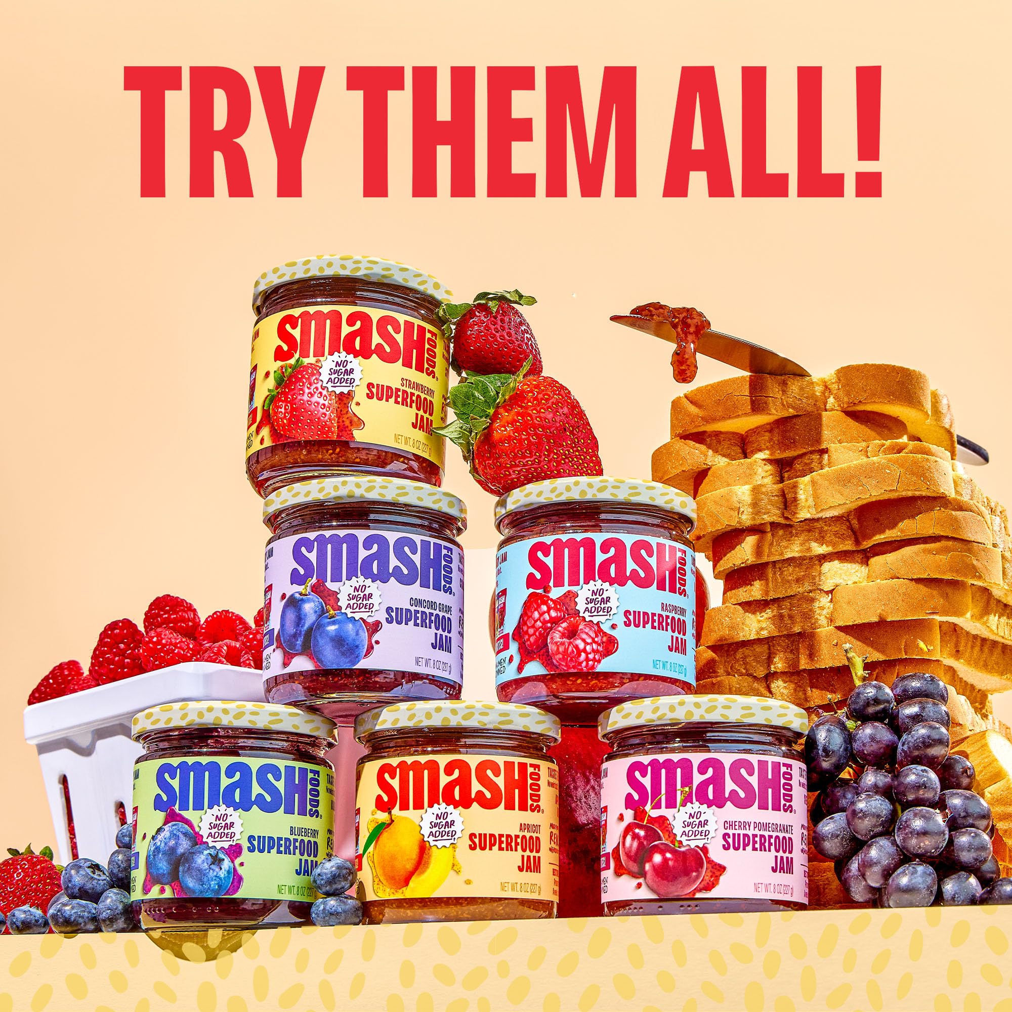 Smash Foods Raspberry Jam - Low-Calorie, No Sugar Added Keto Jam with Upcycled Fruit & Chia Seeds | Vegan, Paleo Superfood Fruit Spread (6 Jars) - Perfect for Breakfast Toast, Yogurt Topping & Healthy Snacking