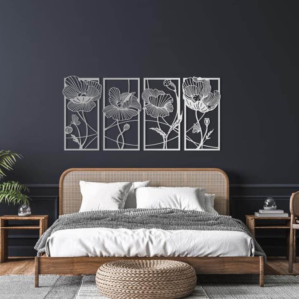 4 Piece Boho Flower Metal Wall Art Set - Modern Floral Decor for Living Room & Kitchen - 59.1
