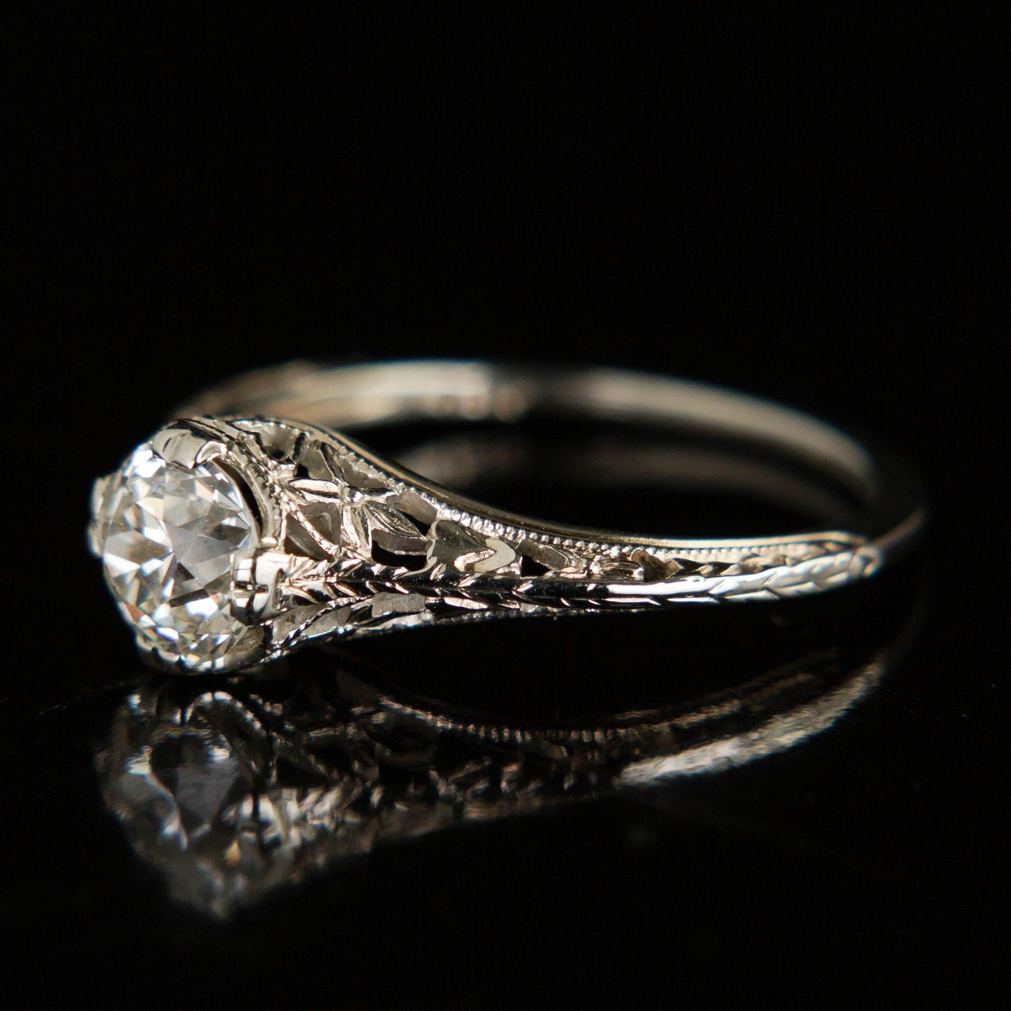 Vintage Art Deco Diamond Solitaire Ring | 18k White Gold Engagement Ring | Circa 1935 Antique Jewelry | Perfect for Weddings, Anniversaries & Special Occasions