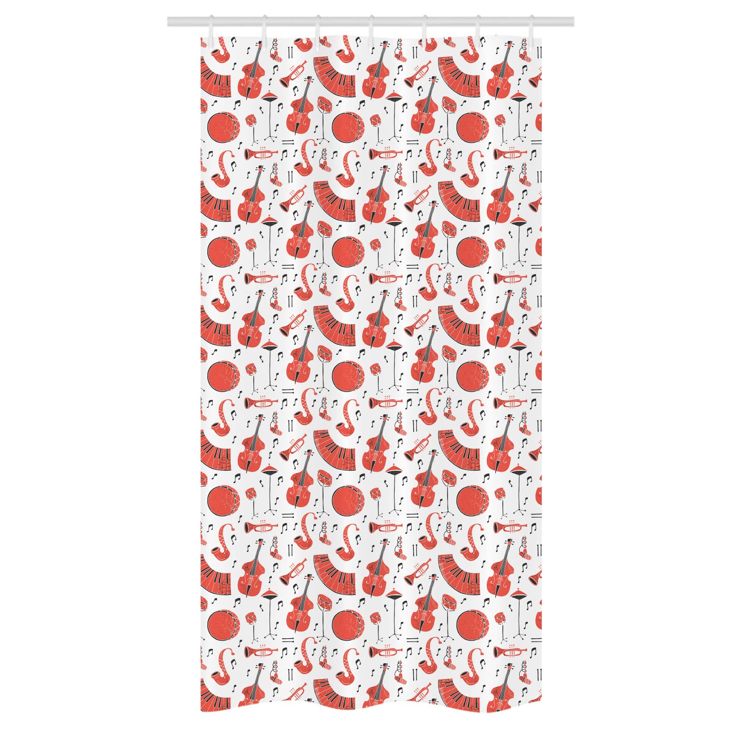 Ambesonne Musical Stall Shower Curtain - Vintage Grunge Style with Trombone, Trumpet & Double Bass Design - 36x72 Inch Bathroom Decor with Hooks - Vermilion & Black - Perfect for Music Lover's Bathroom & Vintage Themed Home Decor