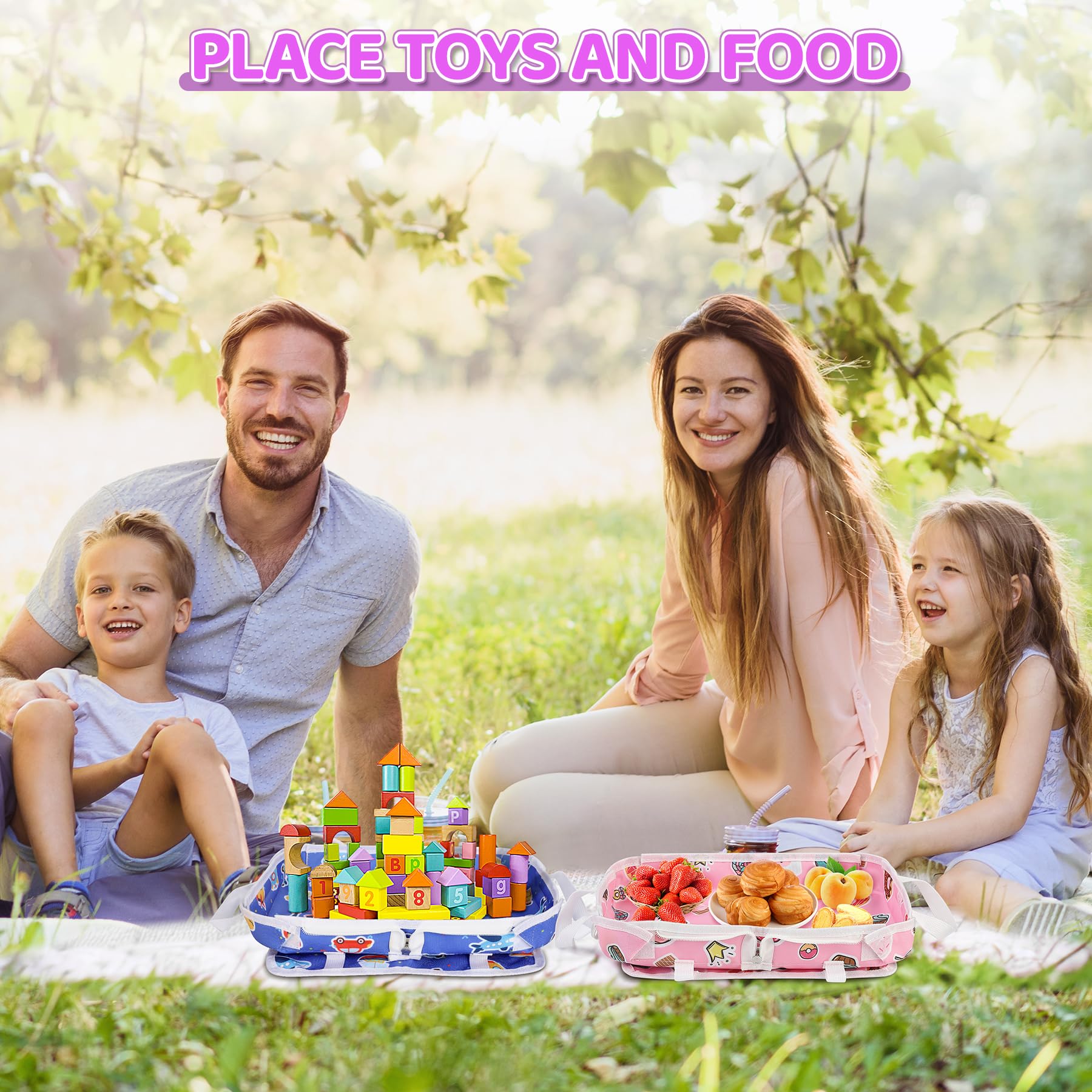 Foldable Kids Travel Tray with Storage Pockets - 2-in-1 Airplane & Car Seat Lap Tray with Crossbody Bag for Toddlers | Perfect for Snacks, Toys & Activities During Flights, Train Rides & Road Trips (Pink)