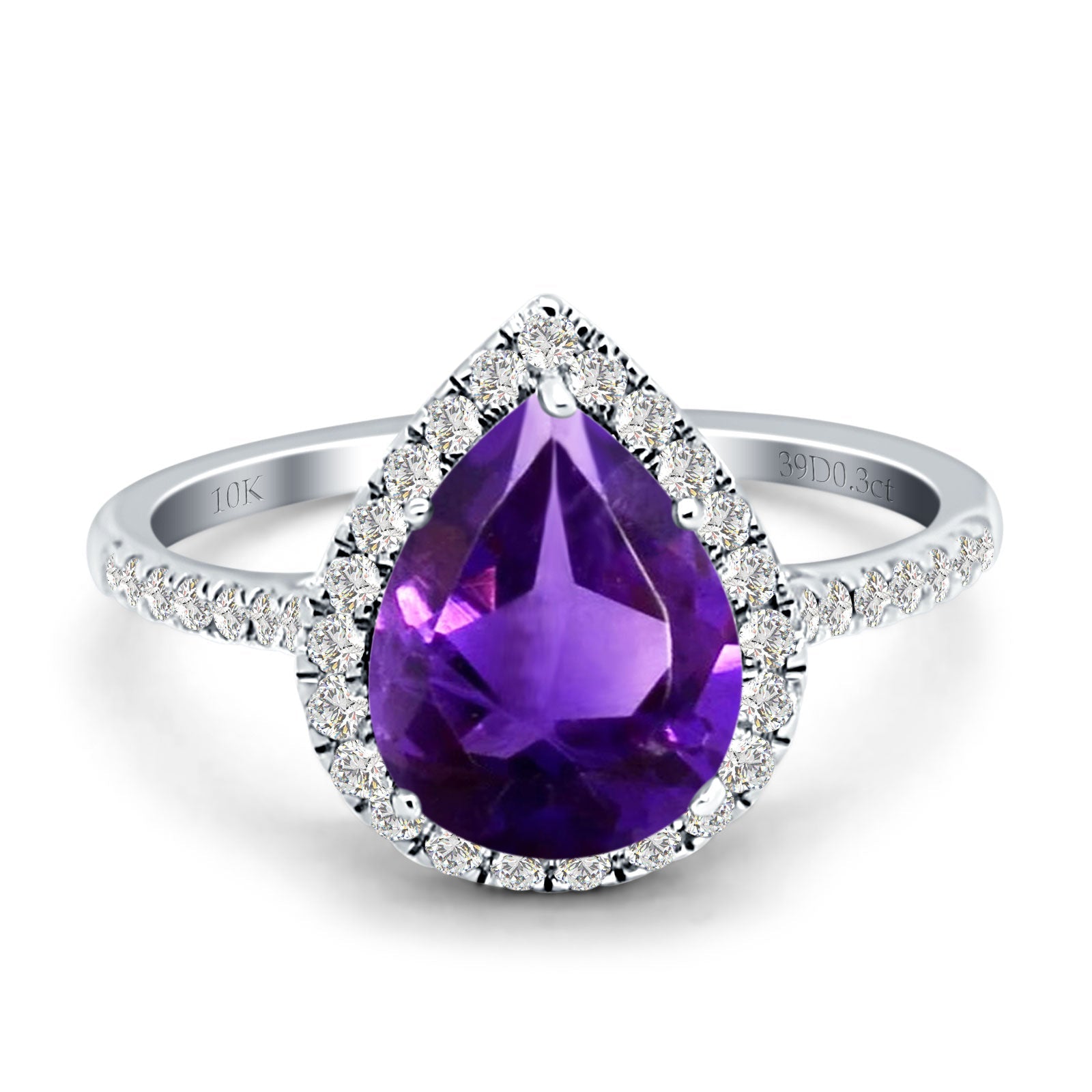 10K White Gold Pear Teardrop Natural Amethyst Halo Diamond Ring for Women - Elegant Wedding, Engagement & Anniversary Jewelry Gift