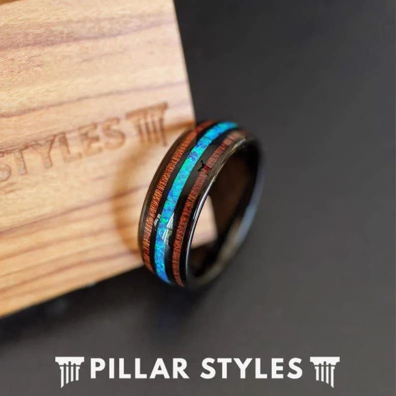 Black Opal Wedding Band for Men - 8mm Tungsten & Hawaiian Koa Wood Ring with Blue Opal Inlays | Unique Comfort Fit Tropical Style Jewelry | Perfect for Anniversary Gifts, Beach Weddings & Hawaiian-Themed Events