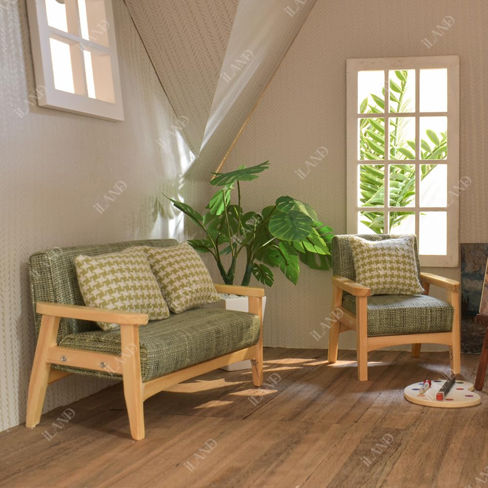 1/12 Scale Dollhouse Couch & Miniature Sofa Set with Houndstooth Cushions - Grey Green Doll Furniture for Living Room Decor | Perfect for DIY Dollhouse Projects & Collectible Displays