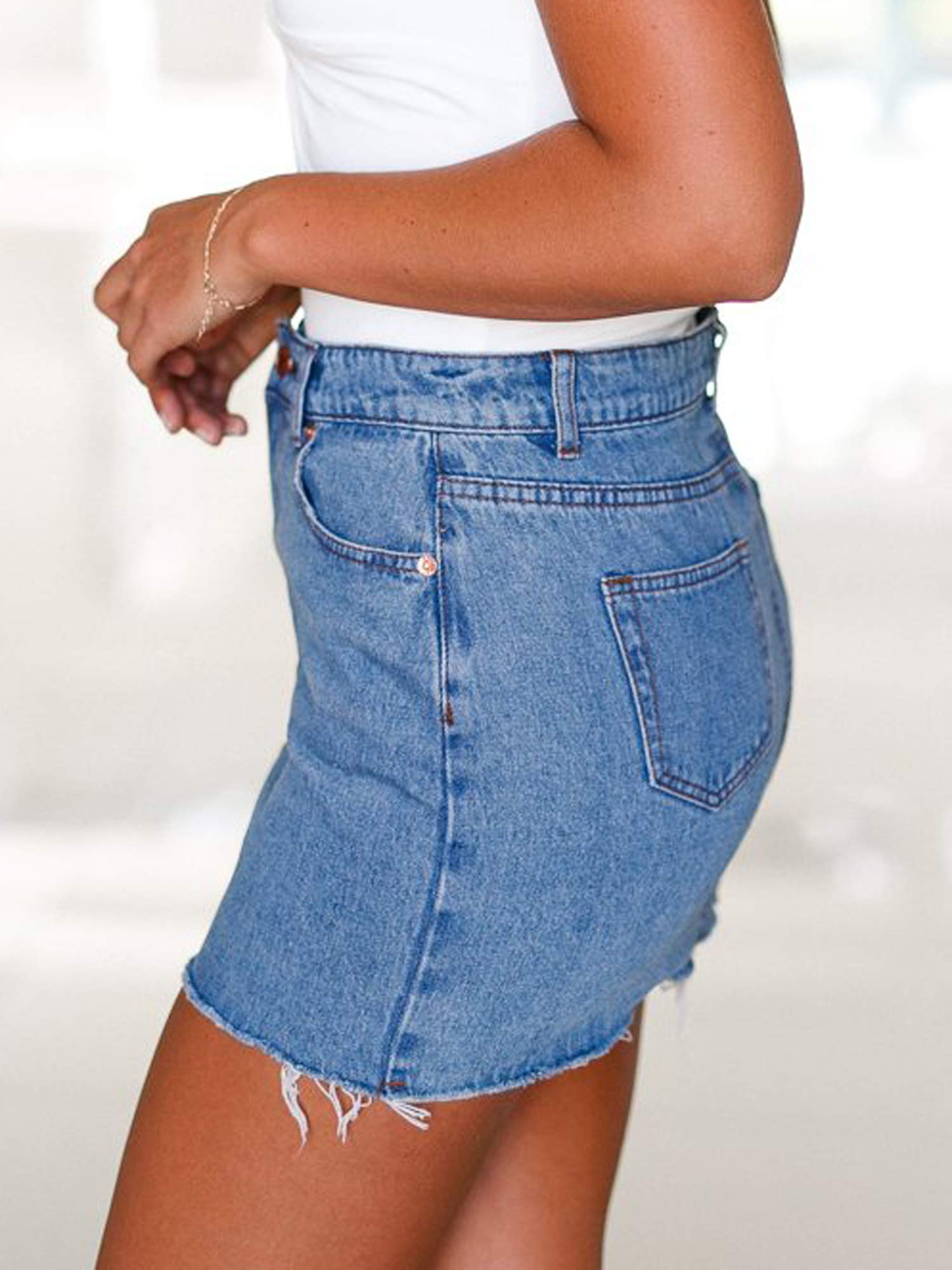 Just Quella Women's Vintage Washed Denim Mini Skirt - Fringed Slim Fit Jean Skirt for Casual Outfits, Street Style & Summer Fashion