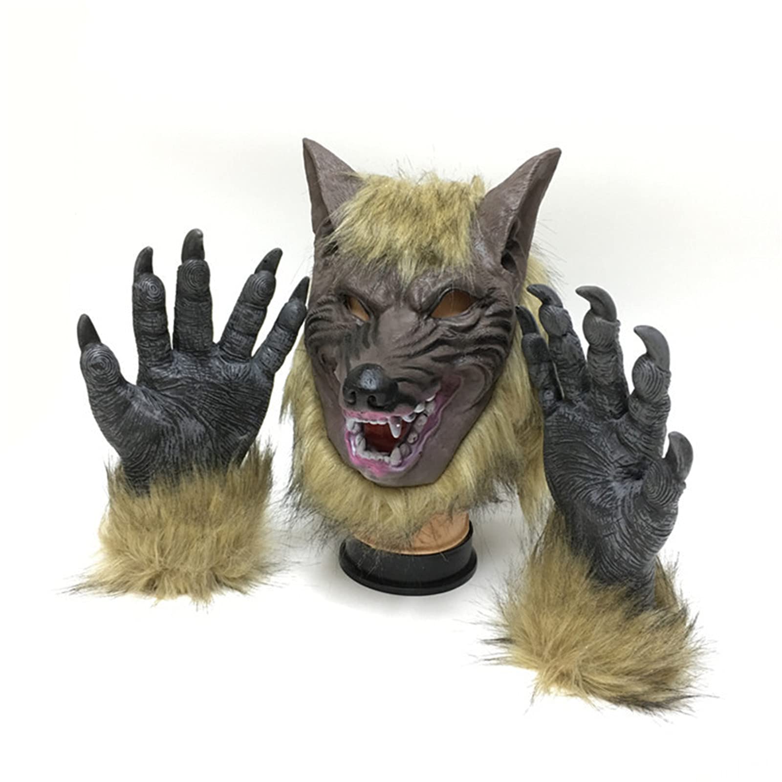 Realistic Werewolf Mask Set with Claws Gloves - Halloween Wolf Costume for Adults & Kids - Gray Wolf Head Mask for Cosplay, Halloween Parties & Scary Costume Events