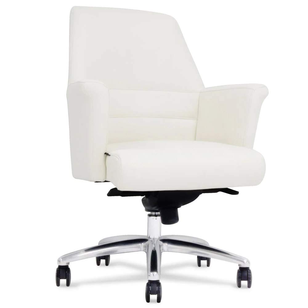 Premium Zuri Furniture Geffen Genuine Leather Executive Chair with Aluminum Base - Low Back Office Chair in White - Perfect for Home Office & Corporate Workspaces